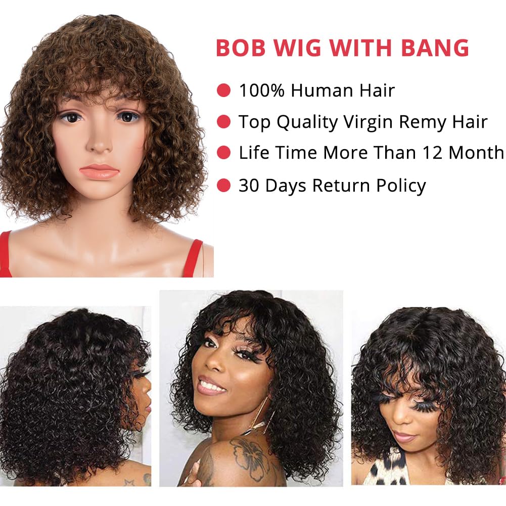 Spotlight Short Kinky Curly Wigs 10 inch Bob Loose Wave Human Hair Wigs for Women Brazilian Virgin Human Hair Wigs with Bangs 180% Density Natural Looking (Ombre Brown - Image 3