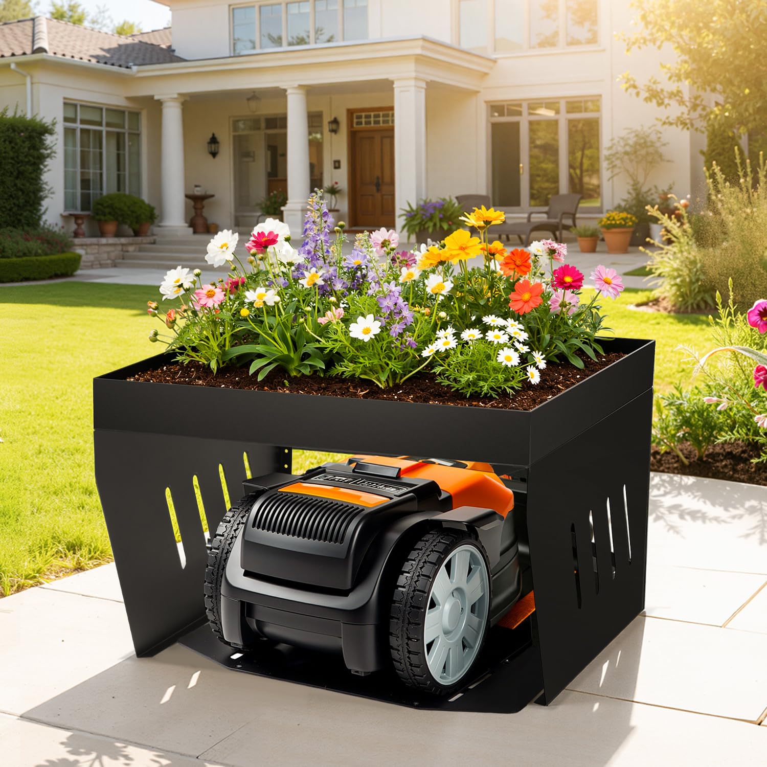 garage pour robot tondeuse, Garage pour robot tondeuse avec jardinière, Garage pour robot tondeuse résistant au vent et aux intempéries, Protégez le robot tondeuse des rayons UV, Abri en acier