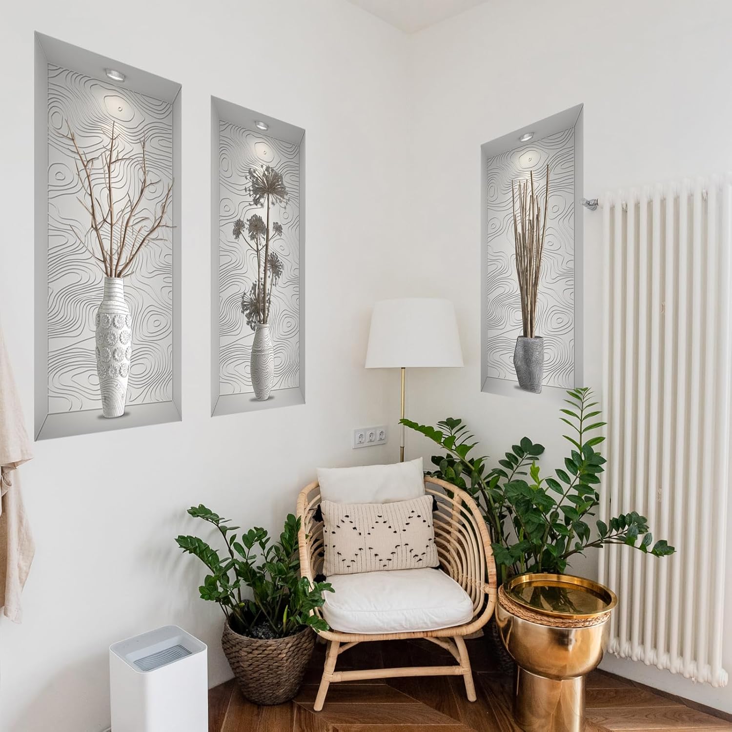 3D Vase Art Wall Stickers Self-Adhesive Potted Plant Vase Wall Decals Peel and Stick for Living Room Bedroom Office Home Decor, Grey Branch