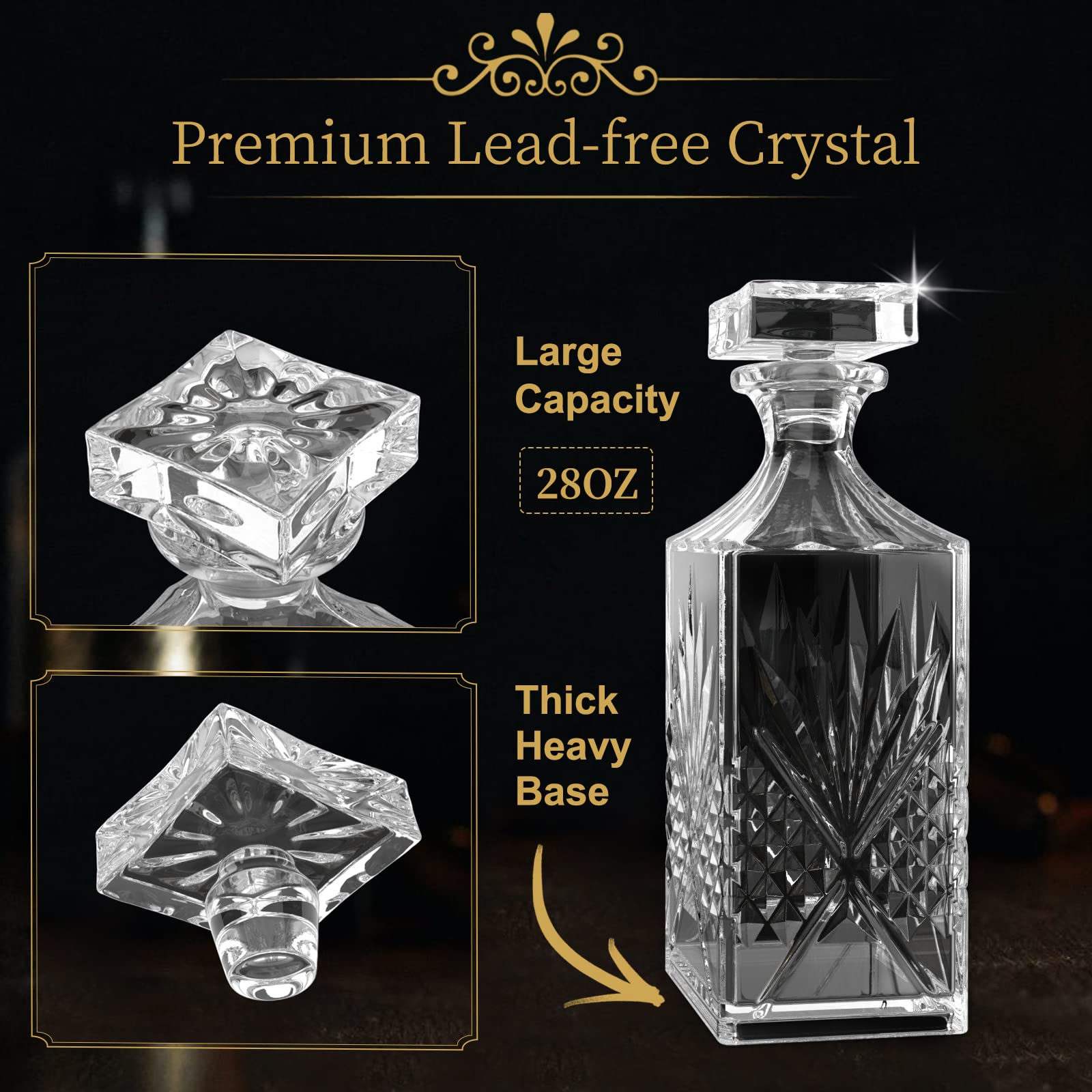 Carafe à whisky en verre sans plomb fabriquée à la main et 6 verres à whisky, le compagnon idéal pour bourbon et vodka (Apollo)