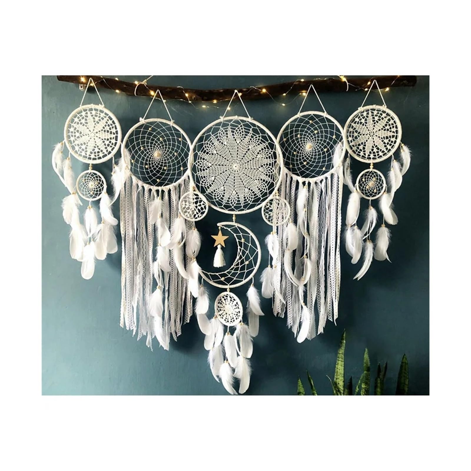 5 unids/Set atrapasueños Plumas Hecho a Mano hogar Sala de Estar Dormitorio decoración Colgante Pared (sin luz ni Palo Madera) para Expositor(White)