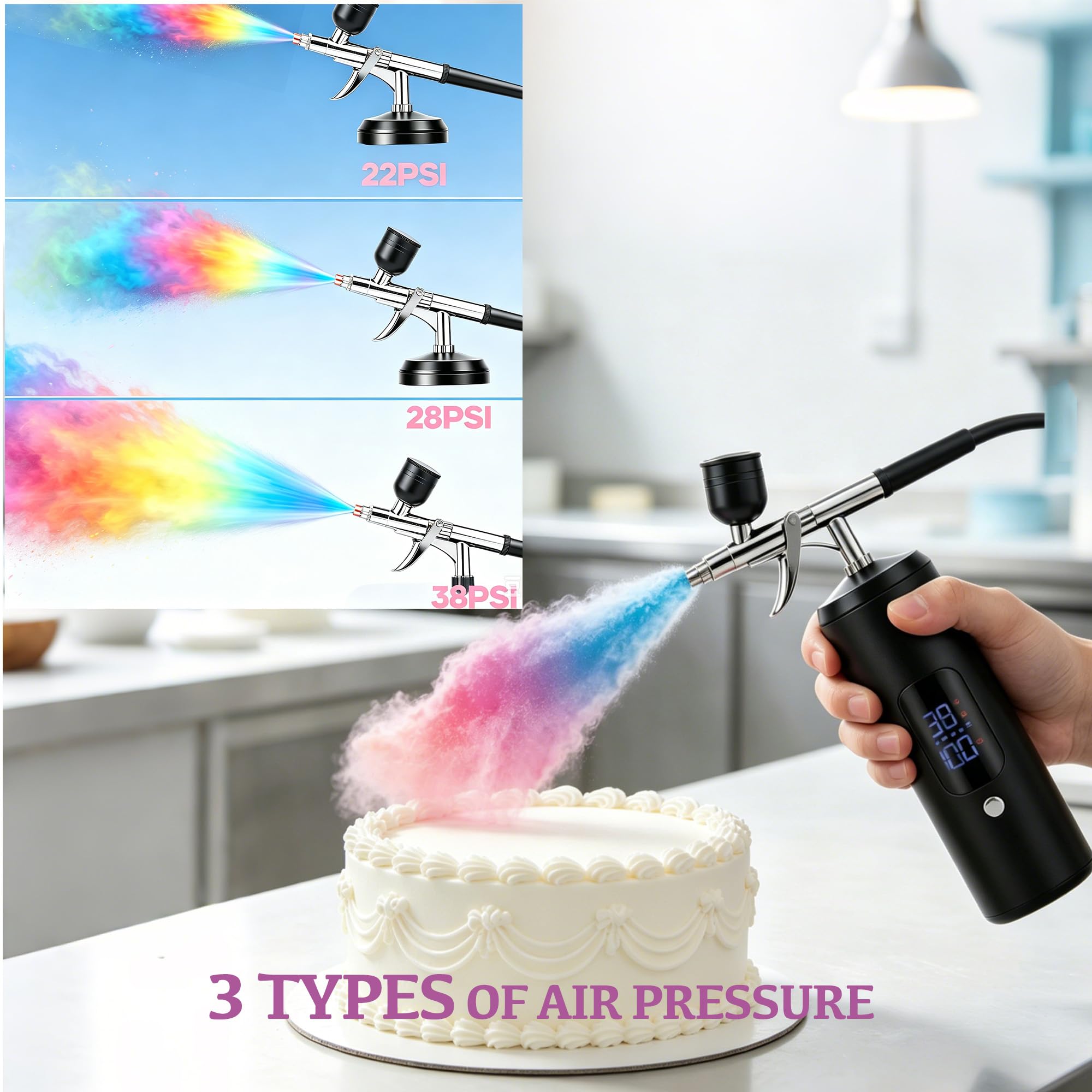 Kit aerografo senza fili, aerografo portatile per unghie, kit di aerografo con compressore d'aria estensione del tubo dell'aria per barbiere nail art decorazione torta trucco modello pittura, 3