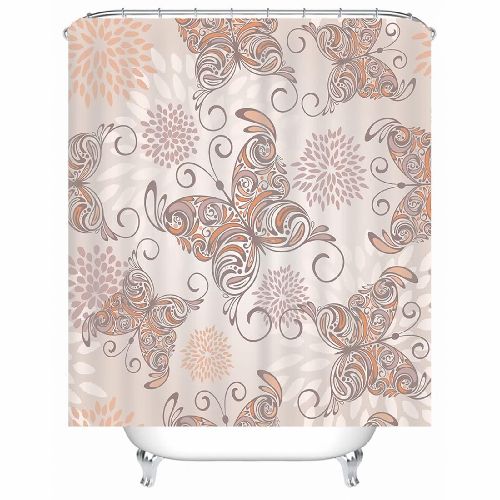 Rideau de douche en textile haut de gamme beige fleurs et papillons avec anneaux inclus