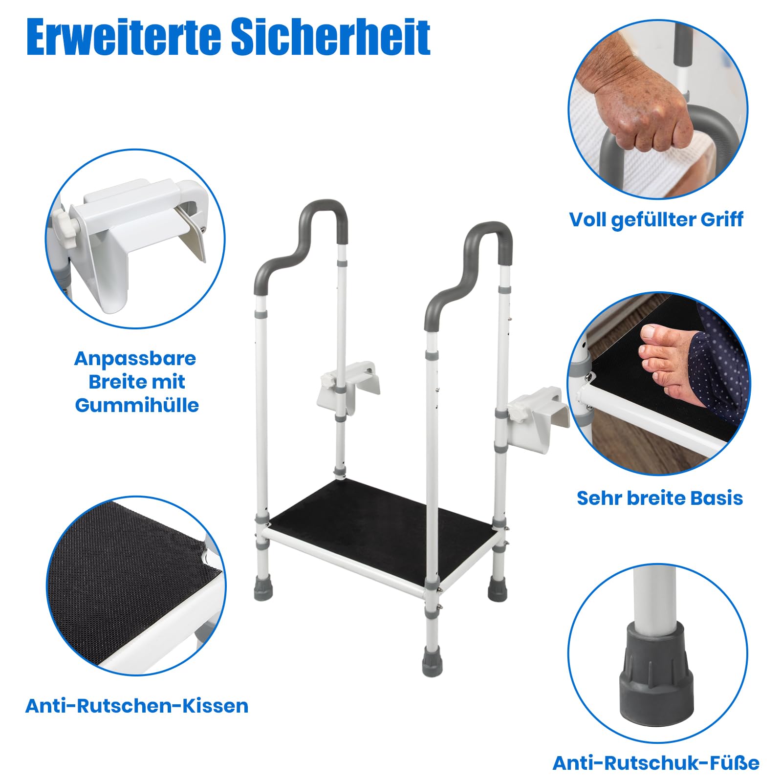 Reposapiés para baño con asa, ayuda de entrada para personas mayores, con reposabrazos, capacidad de carga 250 kg, color blanco