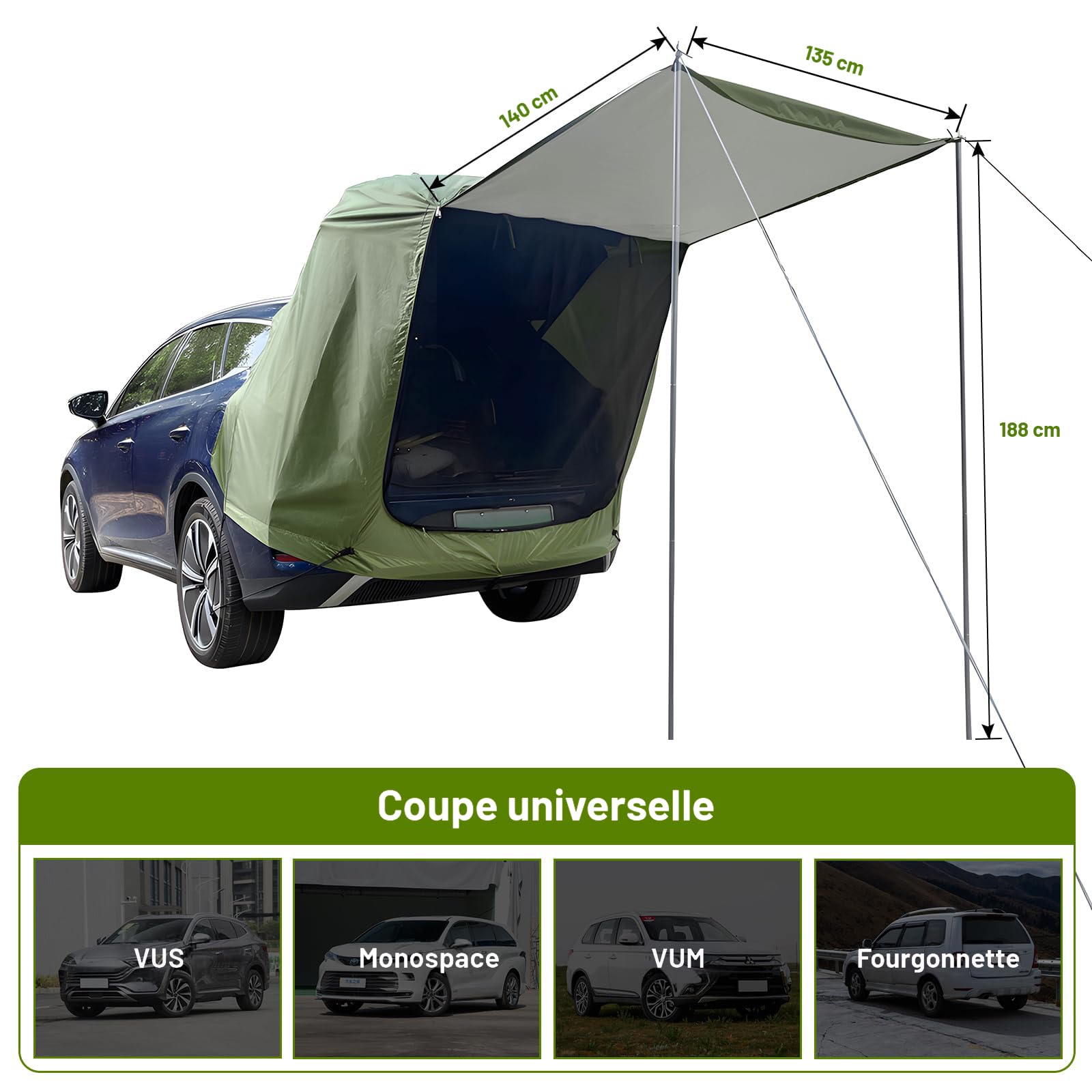 Tente De Hayon Double Couche 190 Cm – Auvent SUV Avec Tissu Polyester 190T Enduit Argent, Imperméable Et Anti-UV, Pour Camping Et Voyage