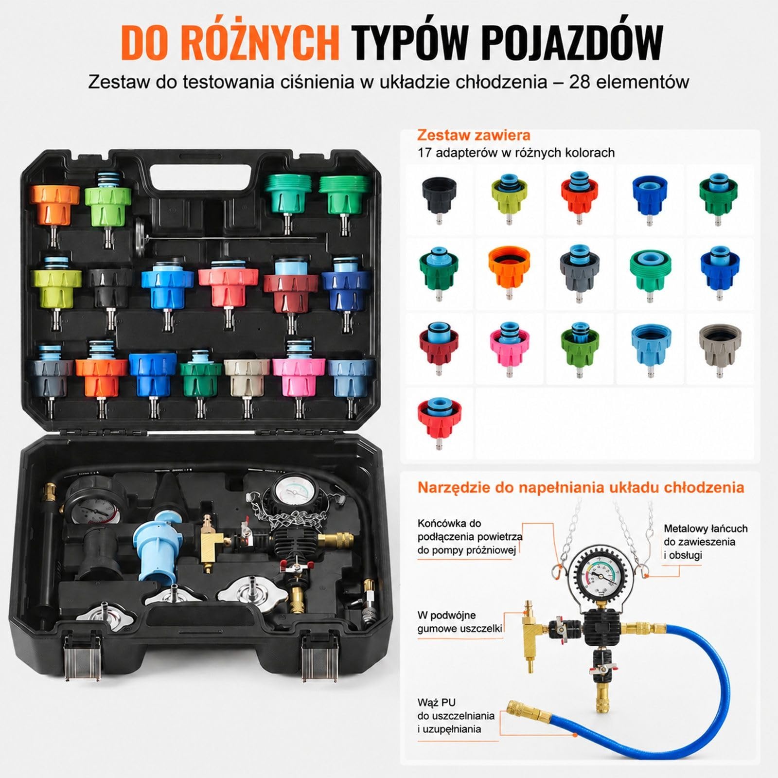 28-częściowy zestaw do testowania ciśnienia płynu chłodzącego chłodnicy z pompą ręczną, 17 metalowymi adapterami, 3 nasadkami testowymi i termometrem