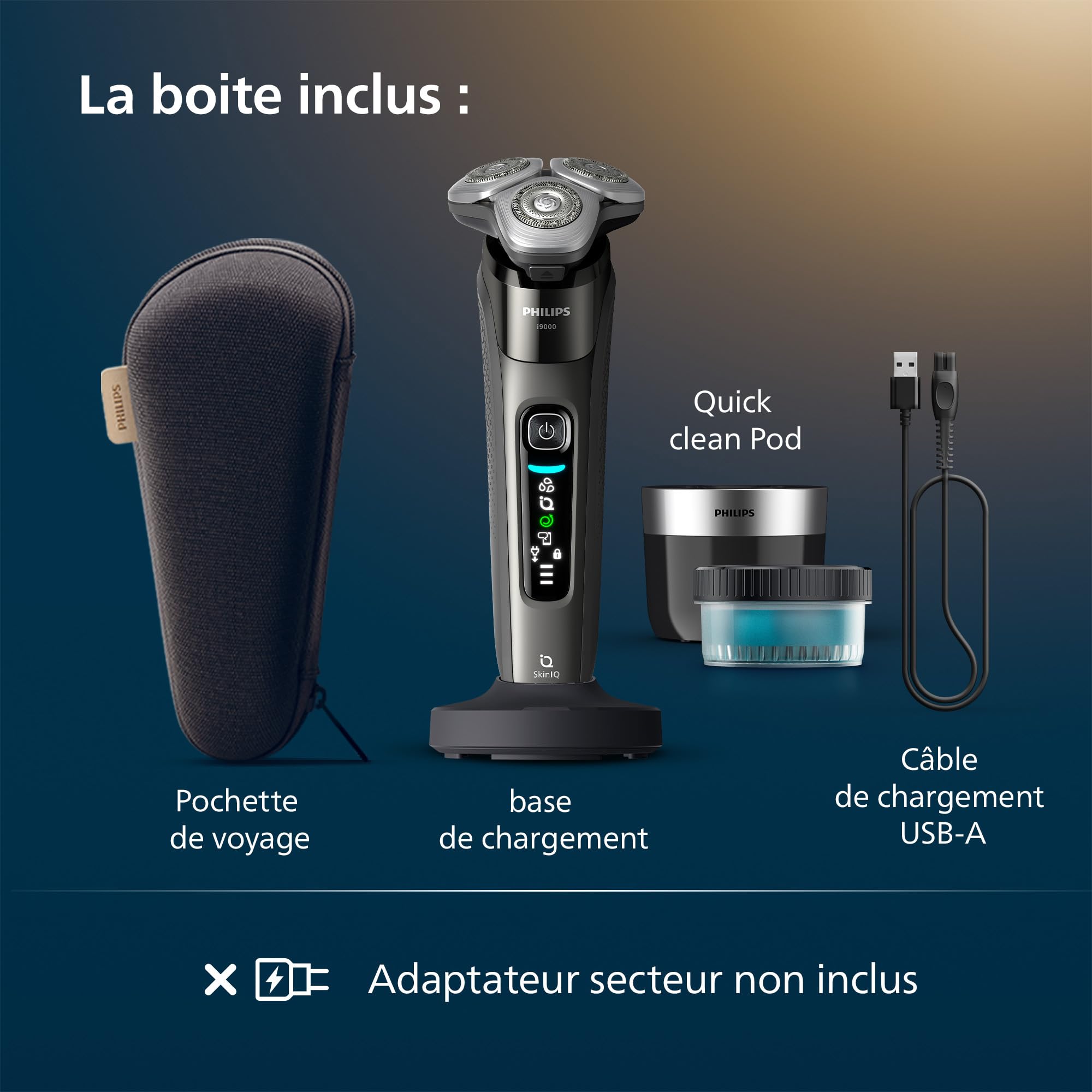 Philips Rasoir i9000, rasoir électrique sec et humide, avec technologie Skin IQ, système Triple Lift & Cut, lames rotatives 360 Dual SteelPrecision Blades, modèle X9002/30