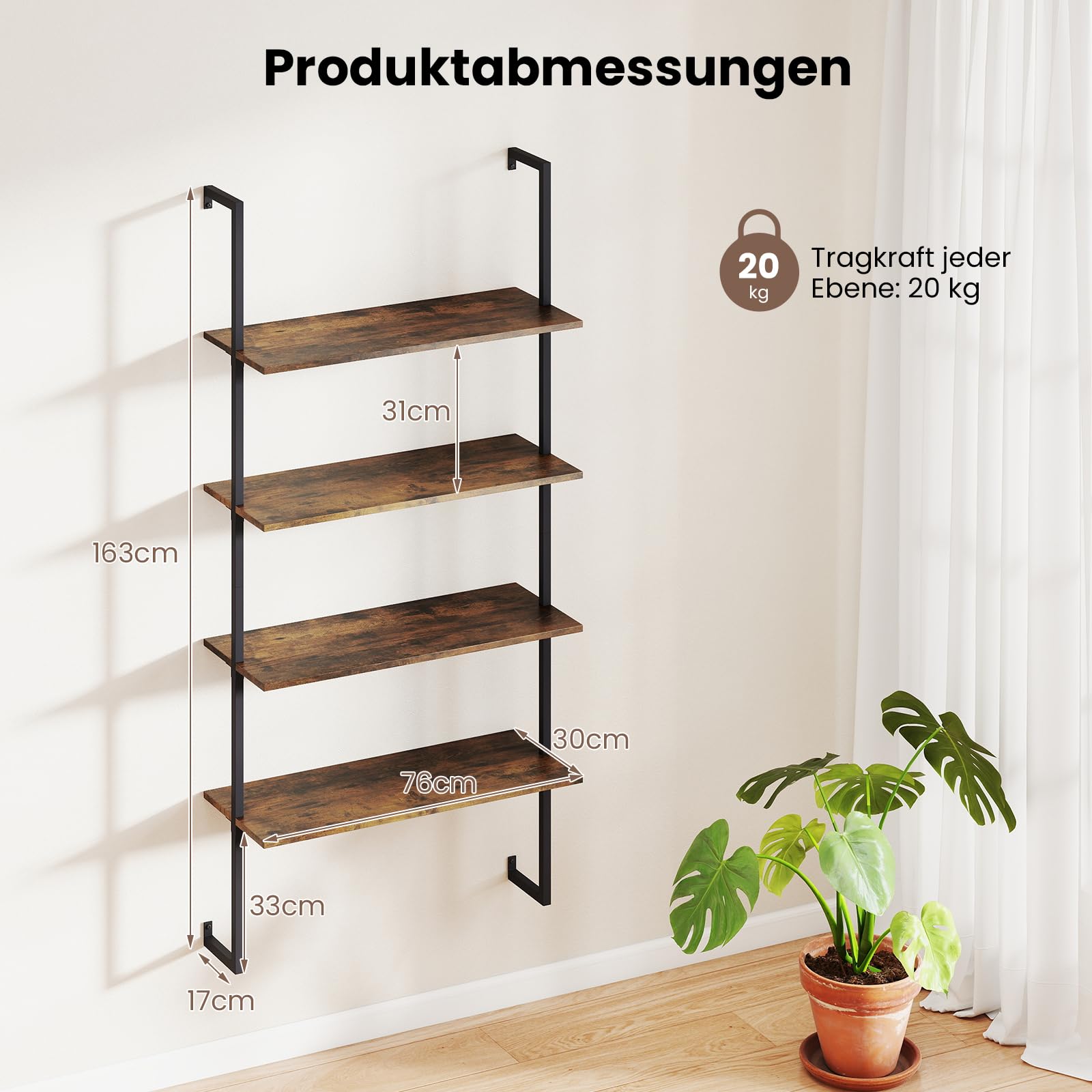 COSTWAY 4-stöckiges Wandregal, schwebendes Leiterregal Wandmotage, Wandmontiertes Leiter-Bücherregal aus Holz für Wohnzimmer, Küche, Bar, Büro, 76 x 30 x 163 cm