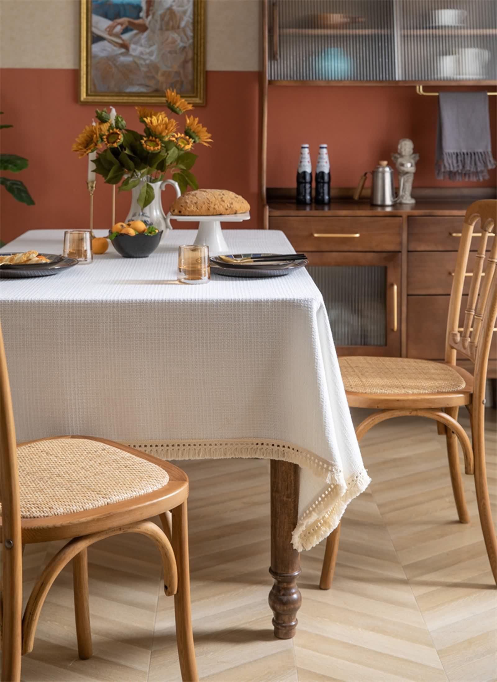 Tovaglia Bianca Elegante Rettangolare, Tovaglia Tavolo Moderna Poliestere Tinta Unita con Nappa Copri Tavolo 140X160CM per Soggiorno Cucina