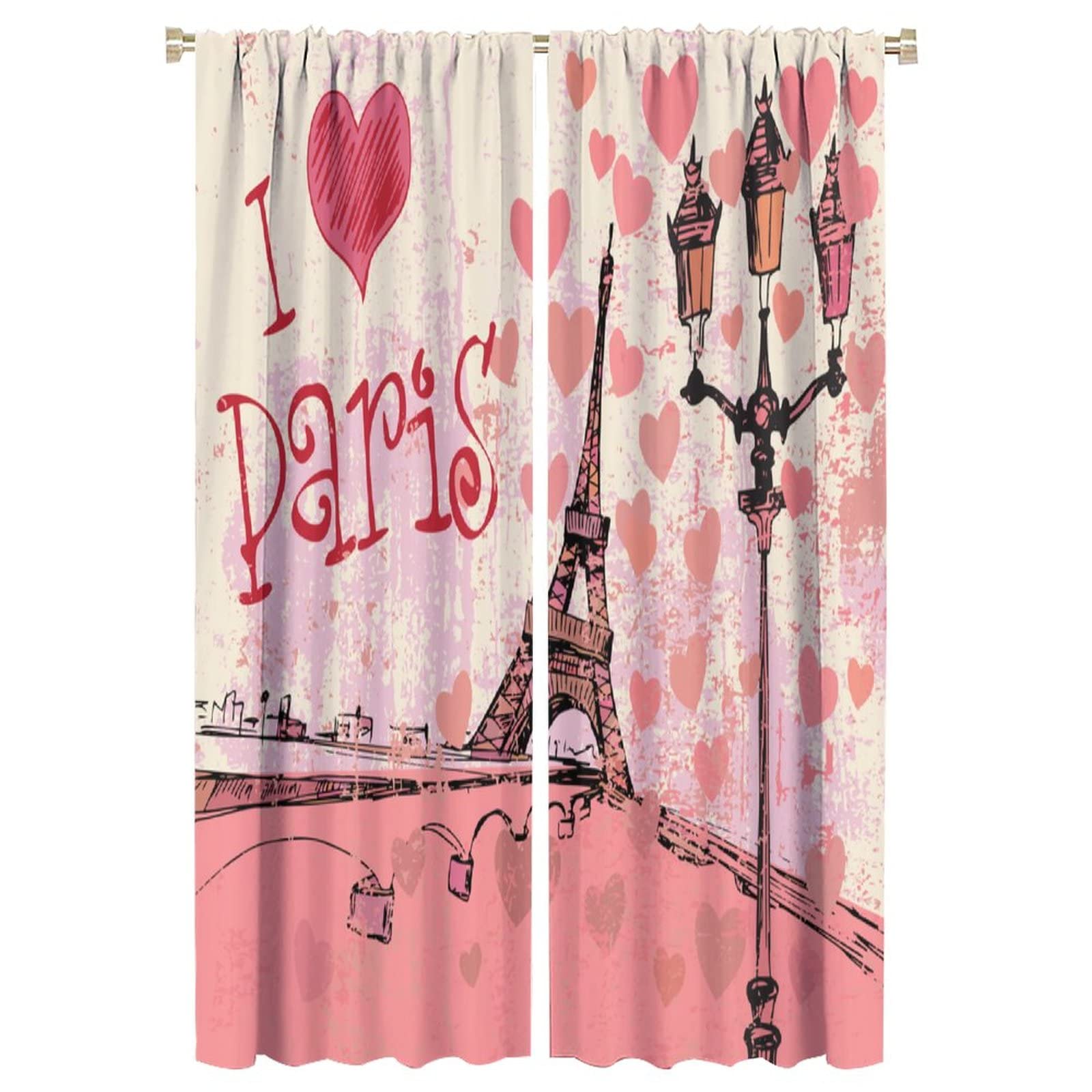 JESTRONRY Eiffel Tower Paris Window Curtains,City Pink Romance Graffiti Style Room Darkening Door Window Rod Pocket Curtain for Living Room Bedroom Kitchen Bathroom,2 Panel Set W42xL63in