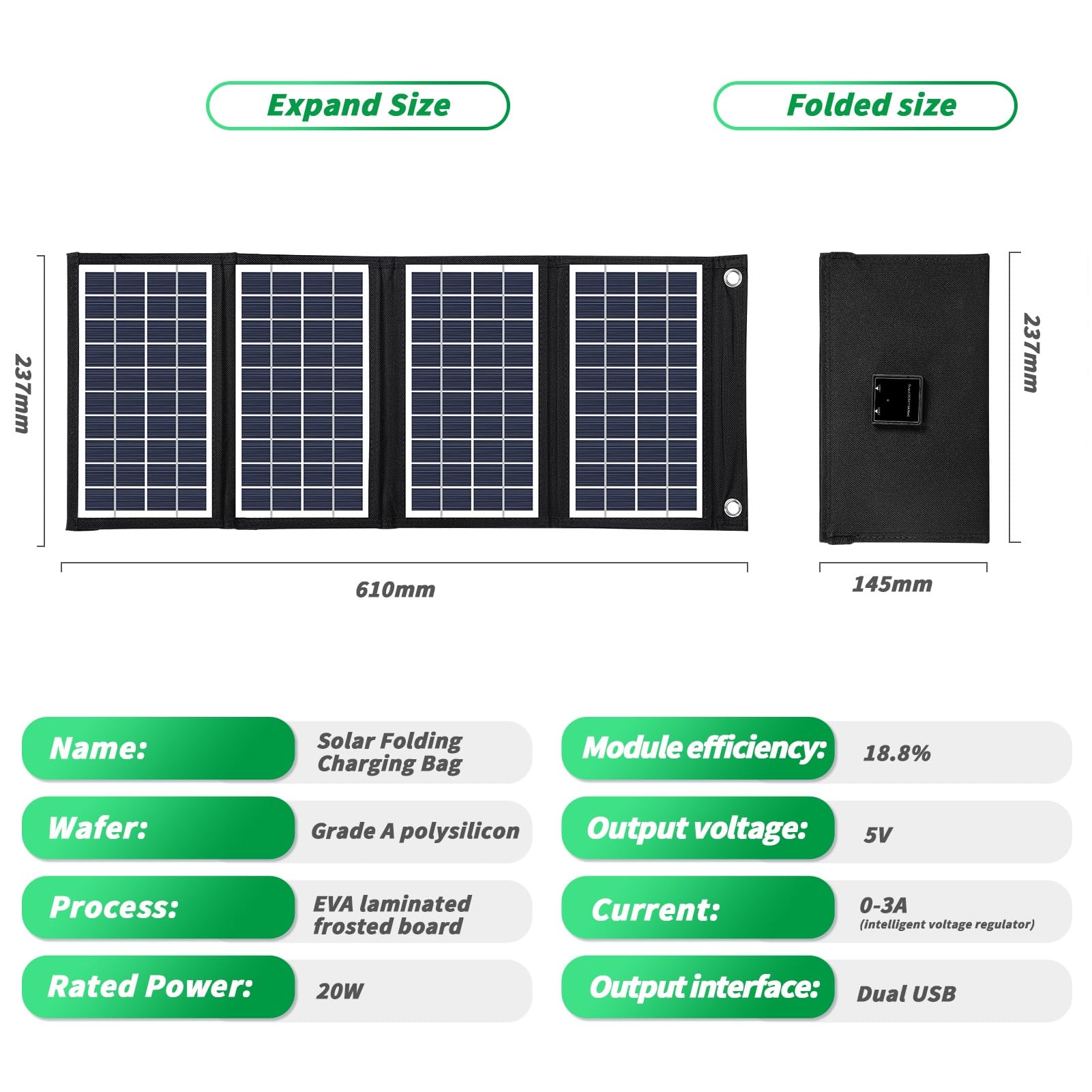 Jadeshay 20W Solar Ladegerät 5V Dual-USB-Ausgang Solarpanel Faltbar Solarladegerät Für Handy, Solar Powerbank für Smartphone Camping