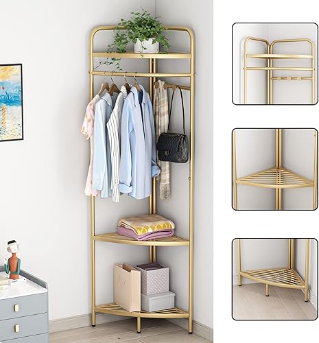 Miniatura 4 de Percheros de esquina dorados independientes, percheros de metal dorado con ganchos, perchero moderno resistente con estantes de almacenamiento de 3