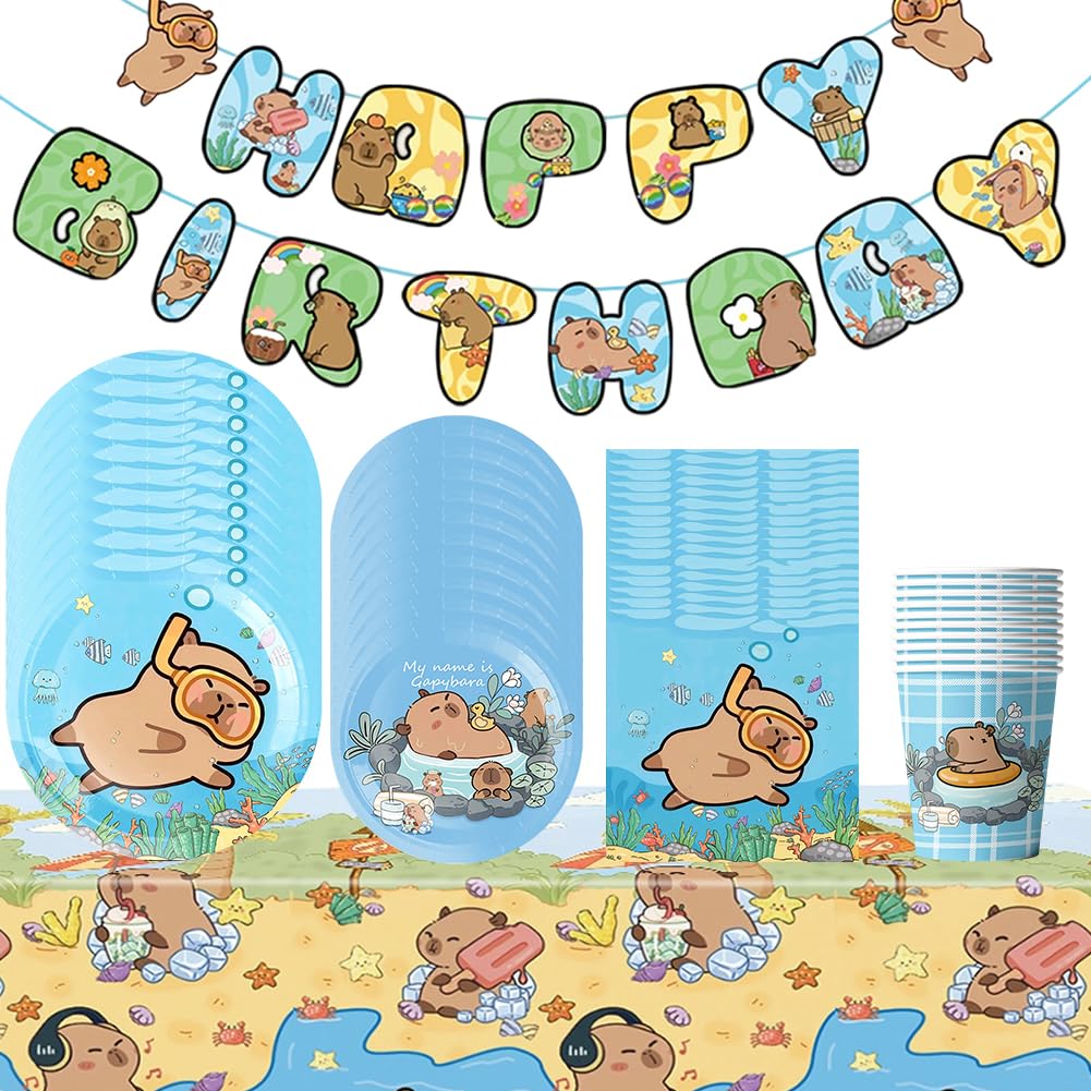 Capybara Set De Vaisselle Fête D'Anniversaire - Gobelets, Serviettes, Nappes, Assiettes Et Bannière - Thème Capybara Adorable