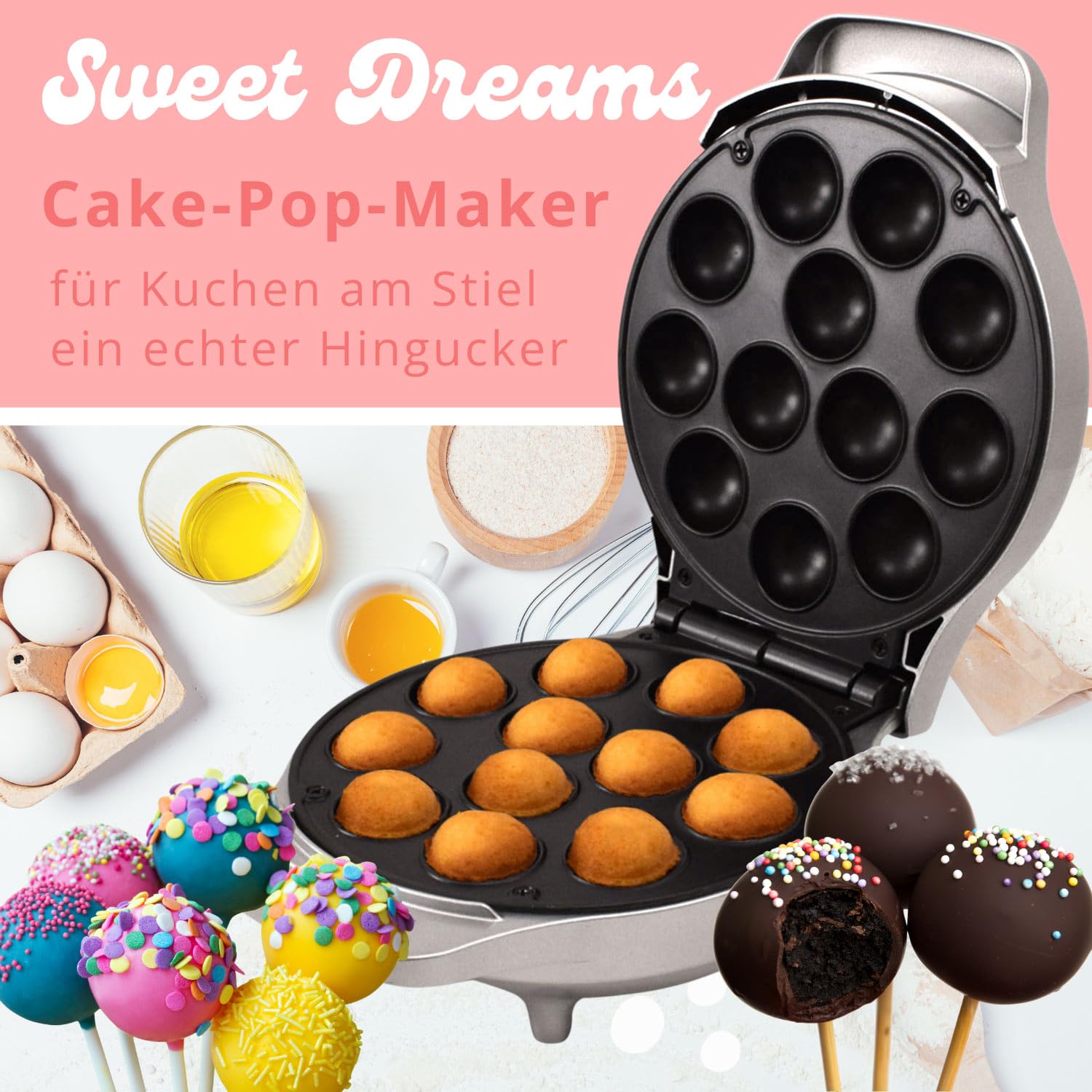 Syntrox Cake Pop Maker | Maschine | Popcakes Maker für 12 Cake Pops, 1200 Watt, Silber, Antihaftbeschichtet, backautomat, Festtagsgebäck selber machen, kleine kuchen Backmaschine