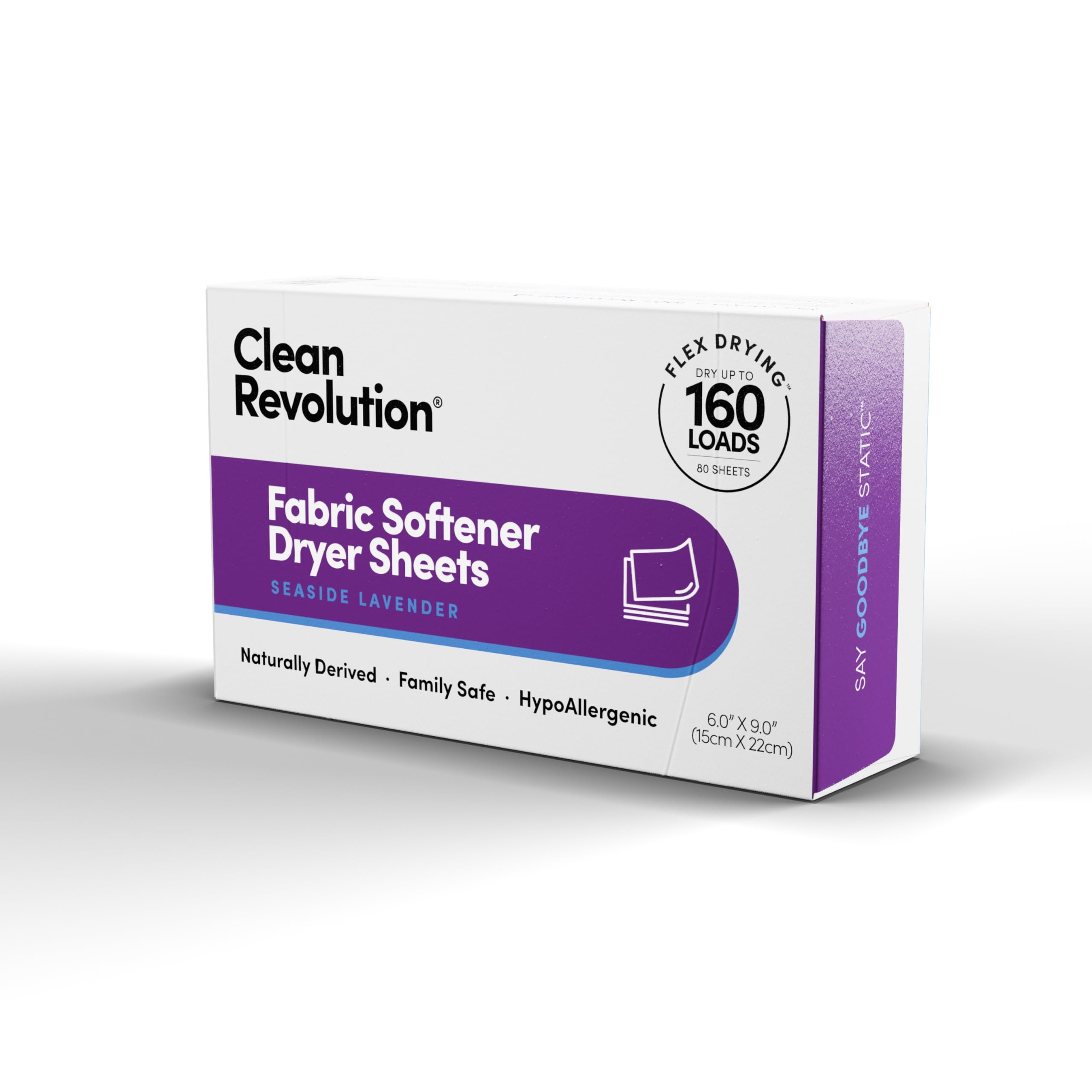 Clean RevolutionNatural Fabric Softener Dryer Sheets, 80 Sheets, 160 Loads, Seaside Lavender, Naturally Derived, Sensitive Skin Safe, Made in the USA