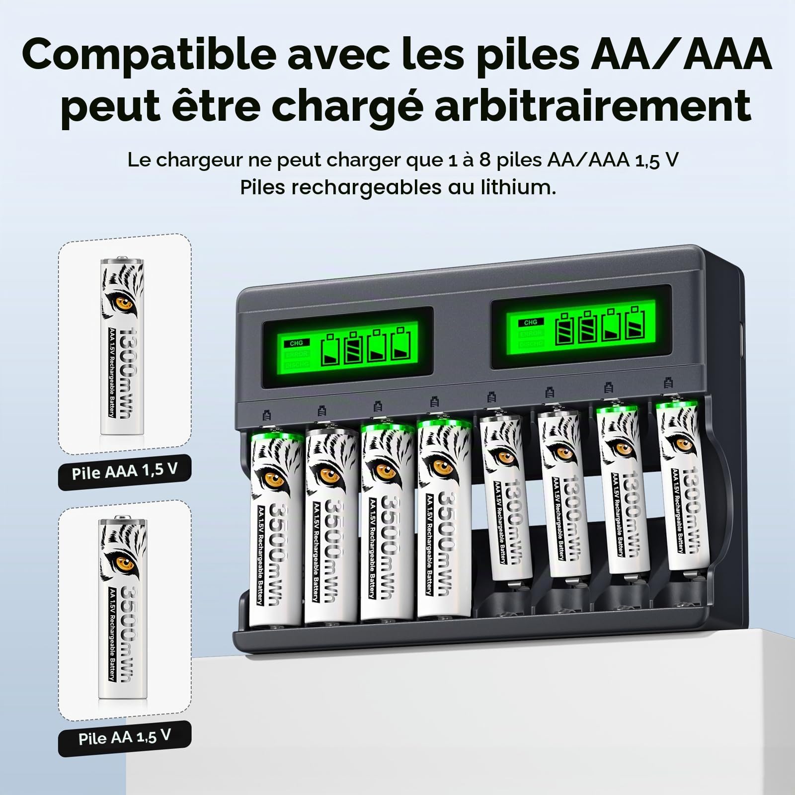 4 Piles AA 1,5 V Rechargeables avec Chargeur, 4 Piles Rechargeables au Lithium AAA avec 8 emplacements USB C Type-C Charge indépendante LCD Chargeur Rapide Intelligent pour Pile AA AAA