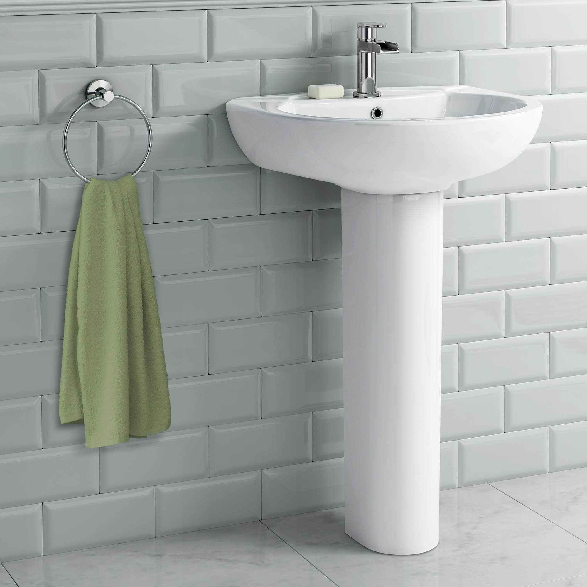 Round Bathroom Pedestal Sink High Gloss White Ceramic Wash Basin CB613FPB