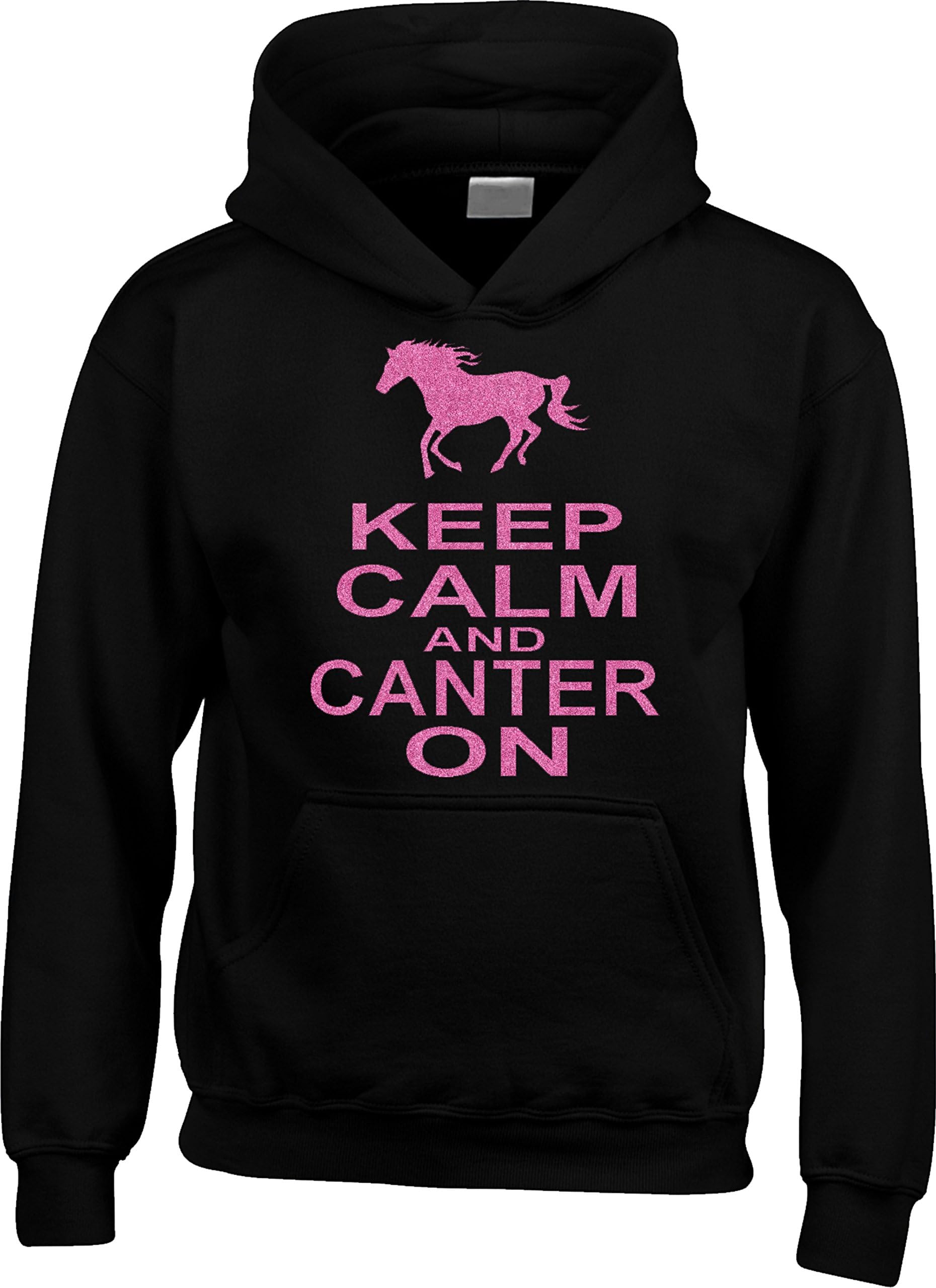 Black Hoodie with Pink Pearlescent Glitter Print L 14-16 (44") 'Keep Calm and Canter ON with Horse Image'