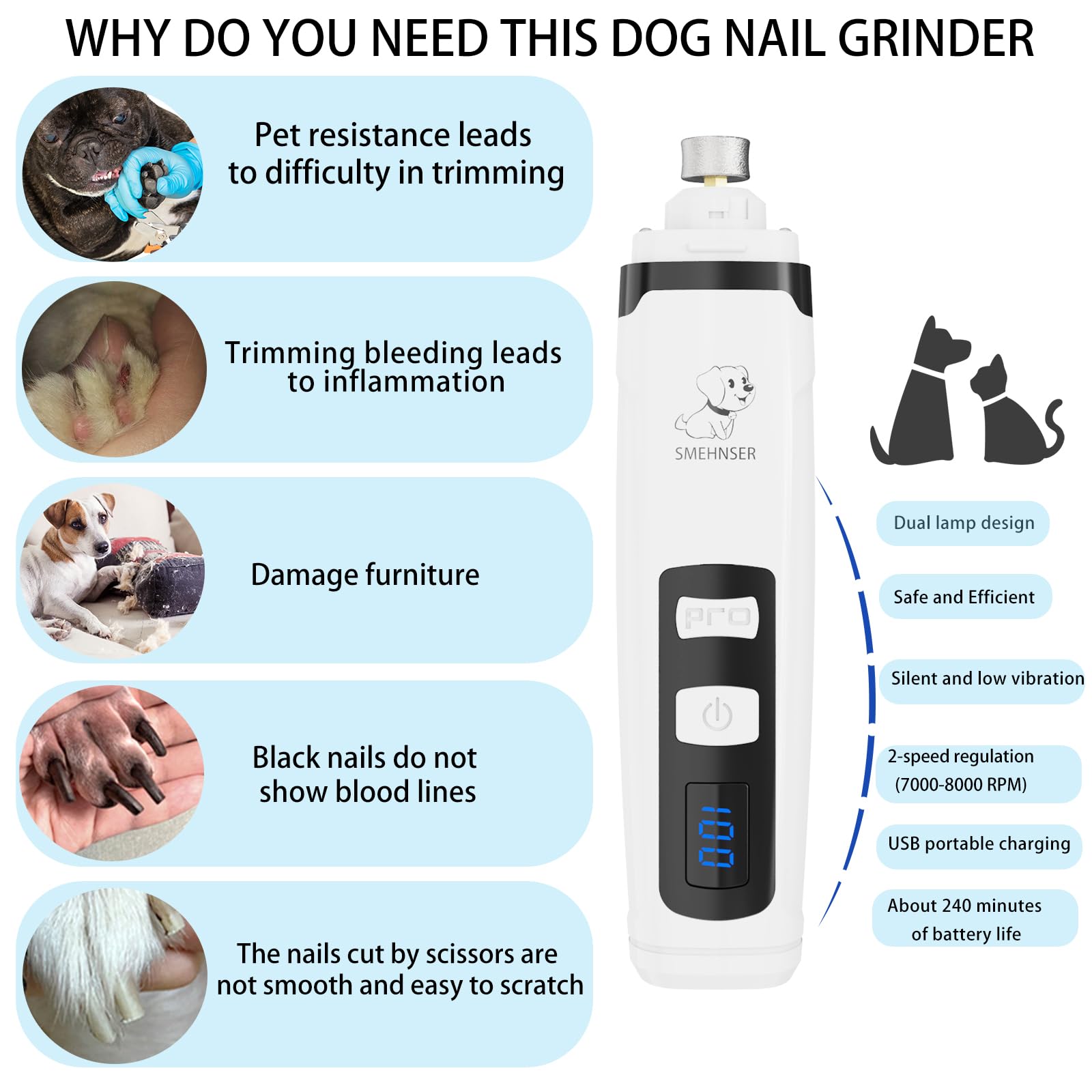 Dog Nail Grinder,Quiet Dog Nail Grinder for Large Medium Small Dogs Paw & Cats Claw, Dual Light USB Rechargeable Electric 2-Speed Pet Toenail Grooming Supplies, Gifts for Cat/Dog Lovers (M2) - image 6
