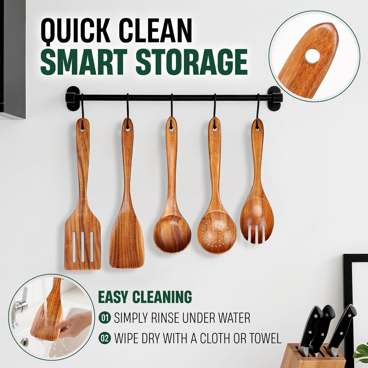 Bkiok Wooden Spoons for Cooking, Natural Teak Wood Kitchen Utensils Set for Nonstick Pans, Heat-Resistant Wooden Spatula Ladle Skimmer & Salad Fork(5-Piece Set) - Image 6