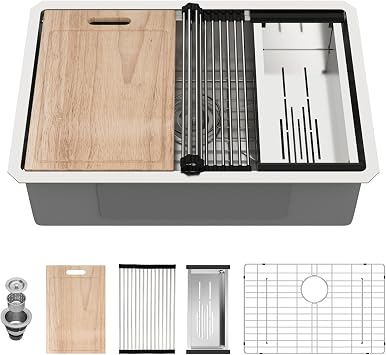 Undermount Kitchen Sink Workstation 27x19x9 Inch Stainless Steel 16 Gauge Single Bowl Kitchen Sink Under Counter Sinks with Accessories
