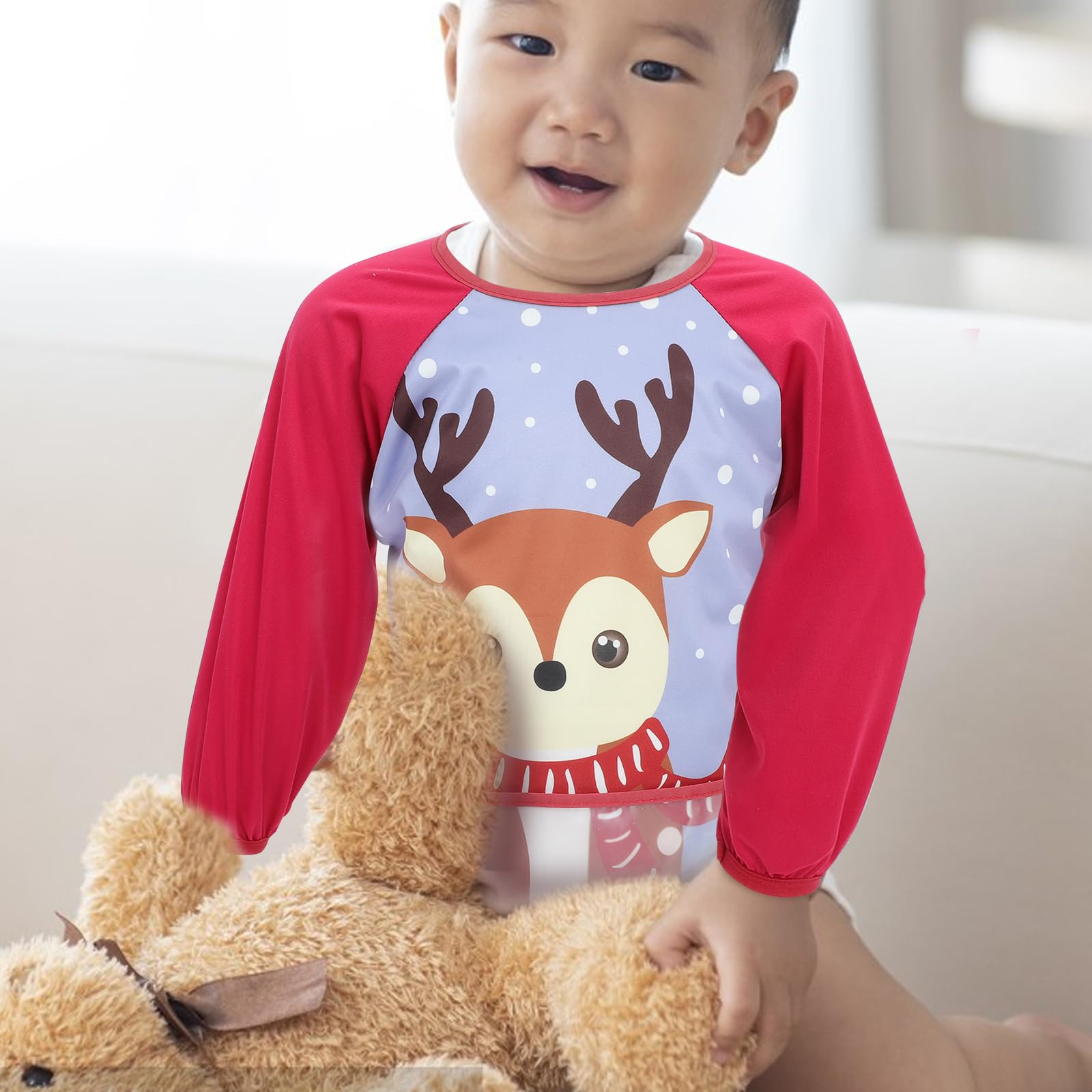 BESTonZON 2 PCS Christmas Baby Bibs-1st Christmas Feeding Bibs Waterproof Drool Full Cover Toddler with Elastic Arm Cuffs Easy Clean Feeding Smock Apron for Boy Girl Babies Newborn Toddlers - Image 4