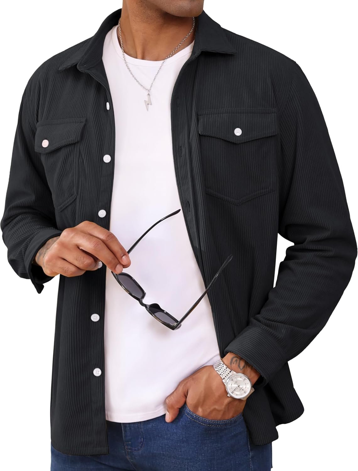 MAGCOMSEN Men's Corduroy Shirt Jacket Long Sleeve Lightweight Jacket Button-Up Casual Shacket with Flap Pockets