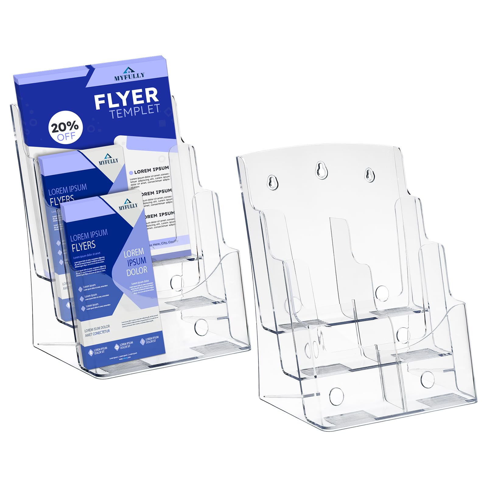MYFULLY 3 Tier Acrylic Brochure Holder 8.5 x 11 Inch 2 Pack, Clear Literature Display Stand with Removable Divider for 4 x 9 Inch Pamphlets,