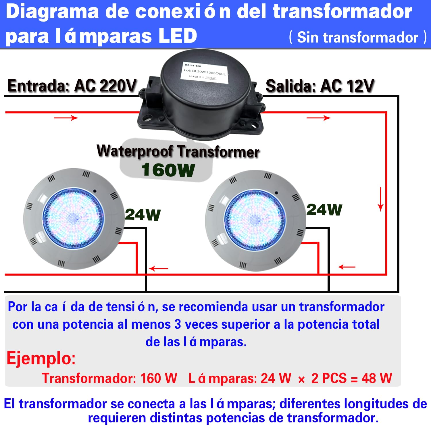 B·LED BARCELONA LED - Foco LED para piscina de superficie 12V AC - 24W - Sumergible - IP68 - Blanco Cálido