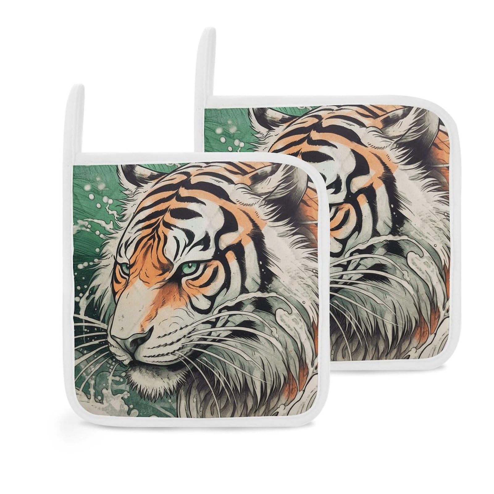 Btcowzrv Style A Hand Drawn Tiger 2 Pack Pot Holders For Kitchen, Heat Resistant Potholder Set With Hanging Loops, Hot Pads For Oven Baking Cooking
