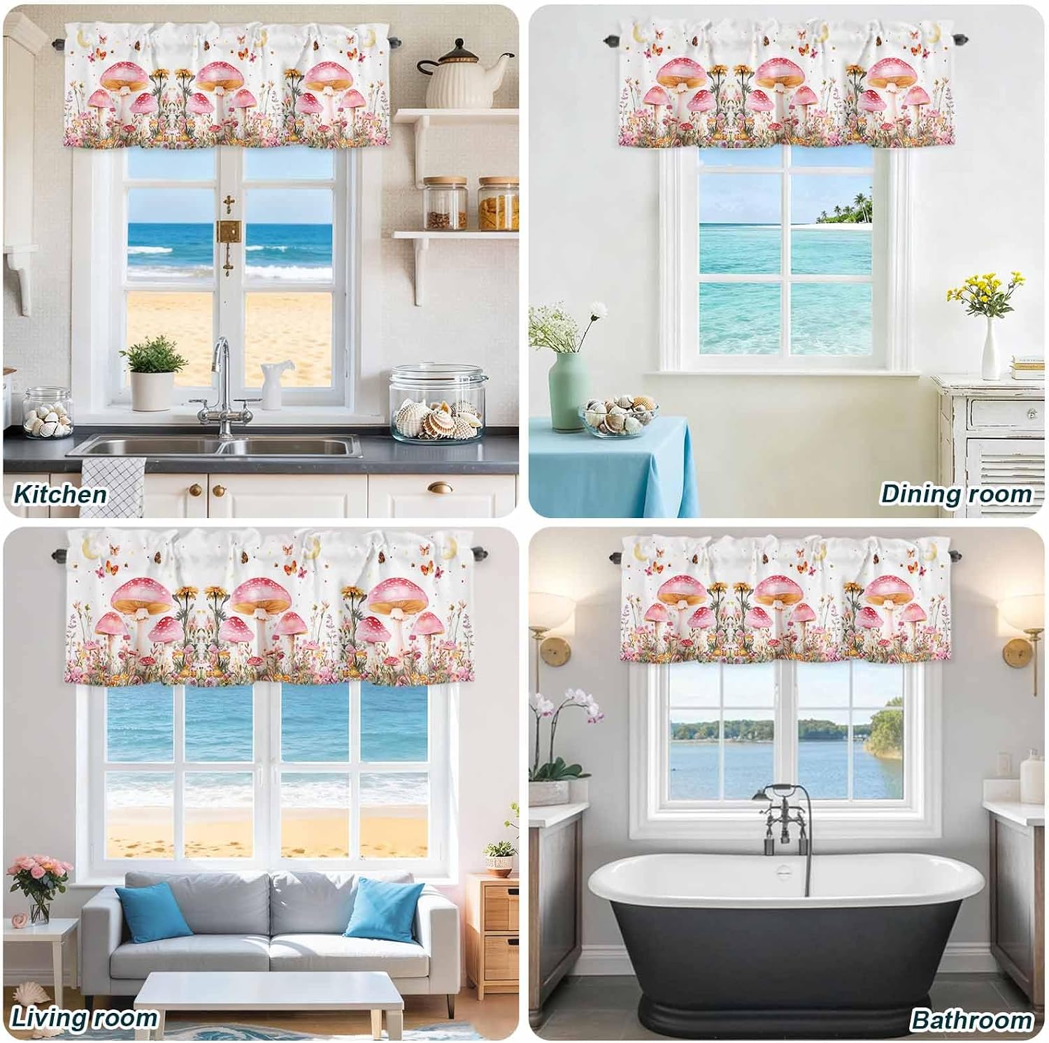 Pink Mushroom Valances for Windows Farmhouse Kitchen Curtains Valances Rod Pocket Valance Curtains for Windows Spring Botanical Summer Floral Elegant Window Valance for Bedroom Bathroom 54"x18"