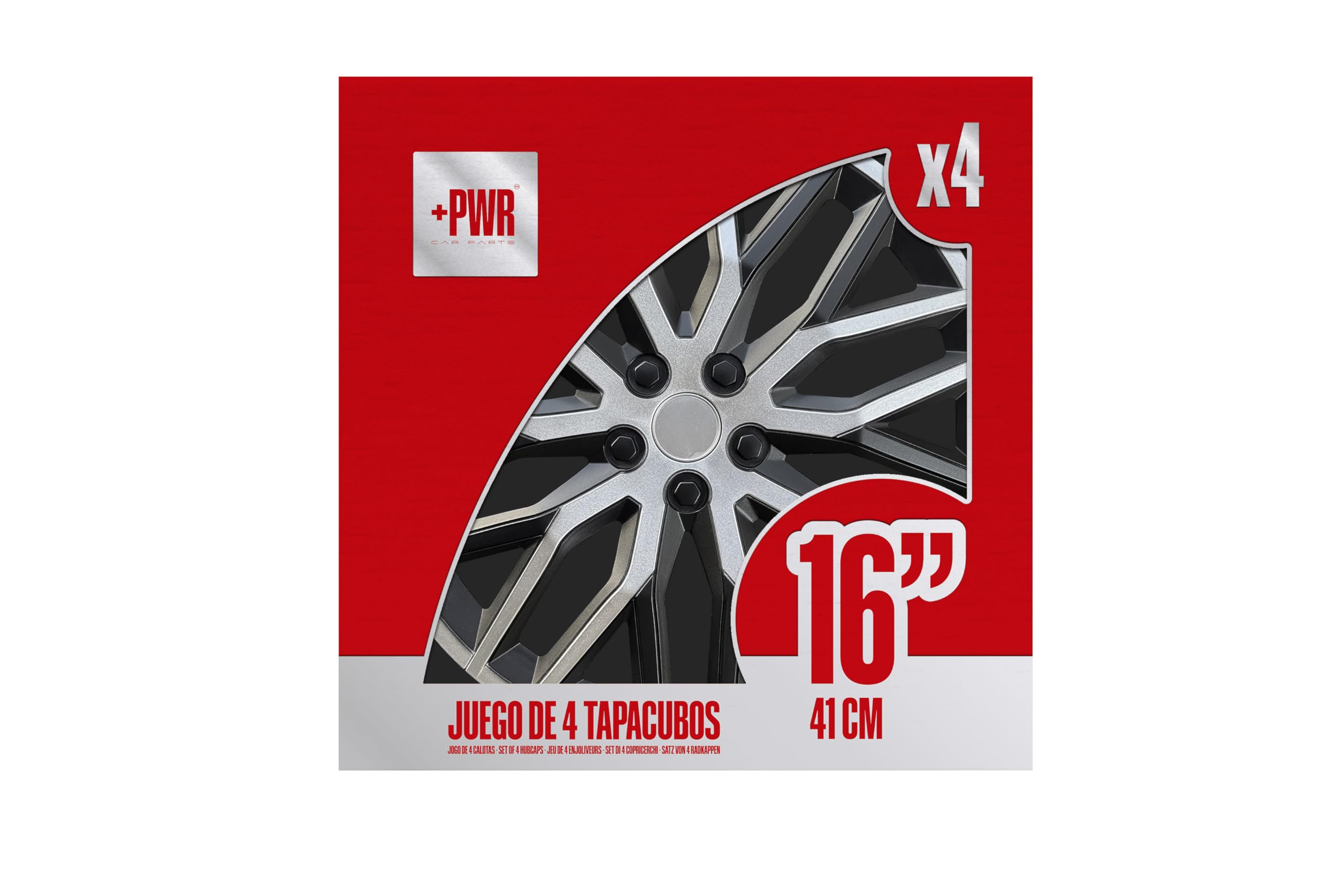Copricerchi 16" Nova Nero/Argento, Set di 4 unità, Universali, ABS ad alto impatto, Fissaggio a pressione, Design moderno e ventilazione ottimizzata