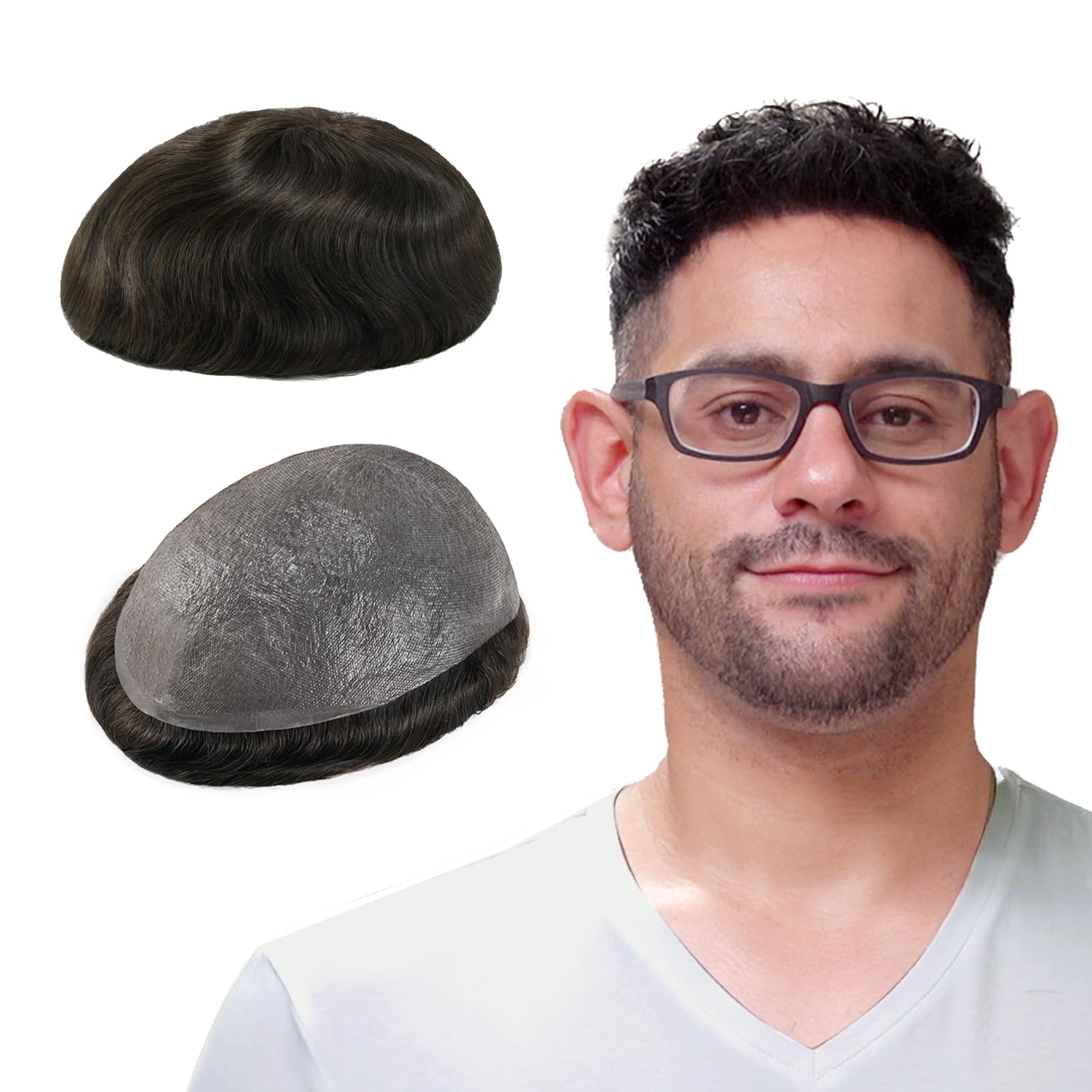 Lordhair Toupee for Men with 100% European human hair 8x10 inch Hairpiece for Men 0.03mm Ultra Thin Skin Hairsystem All V-looped Mens Toupee (Dark Light Brown #3)