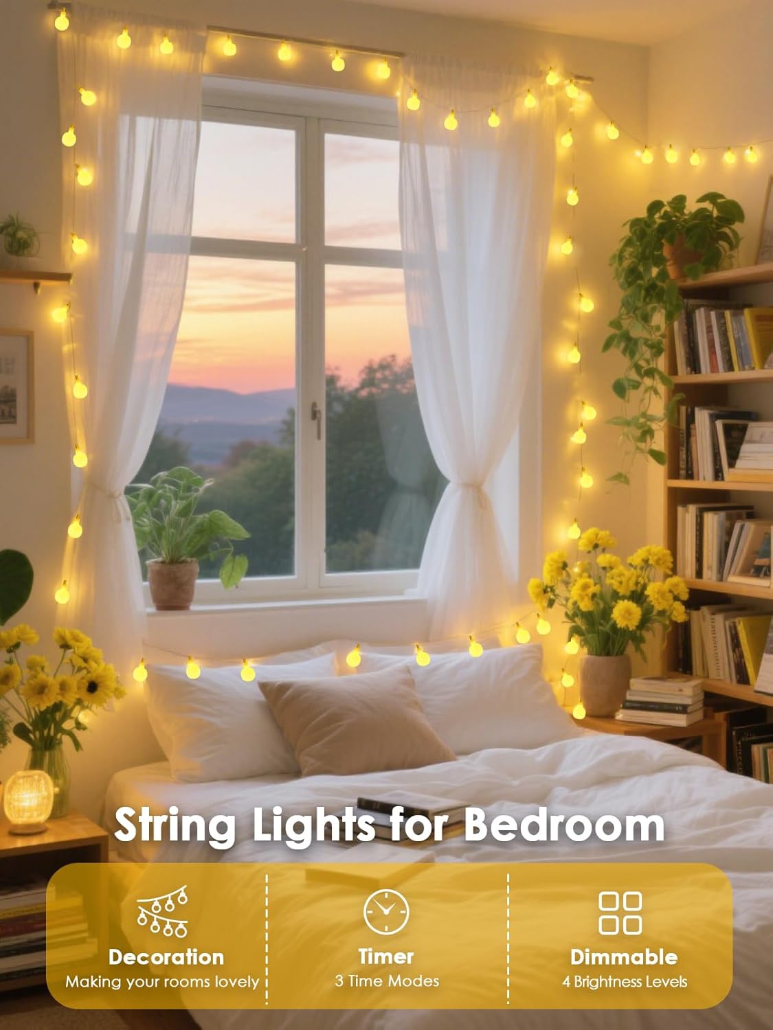 300LED Globe String Lights Indoor Outdoor for Bedroom, 108ft Warm White Fairy Lights Plug in with Remote, 8 Modes Waterproof Hanging String Light for Girl's Room Classroom Wedding Party Wedding Decor