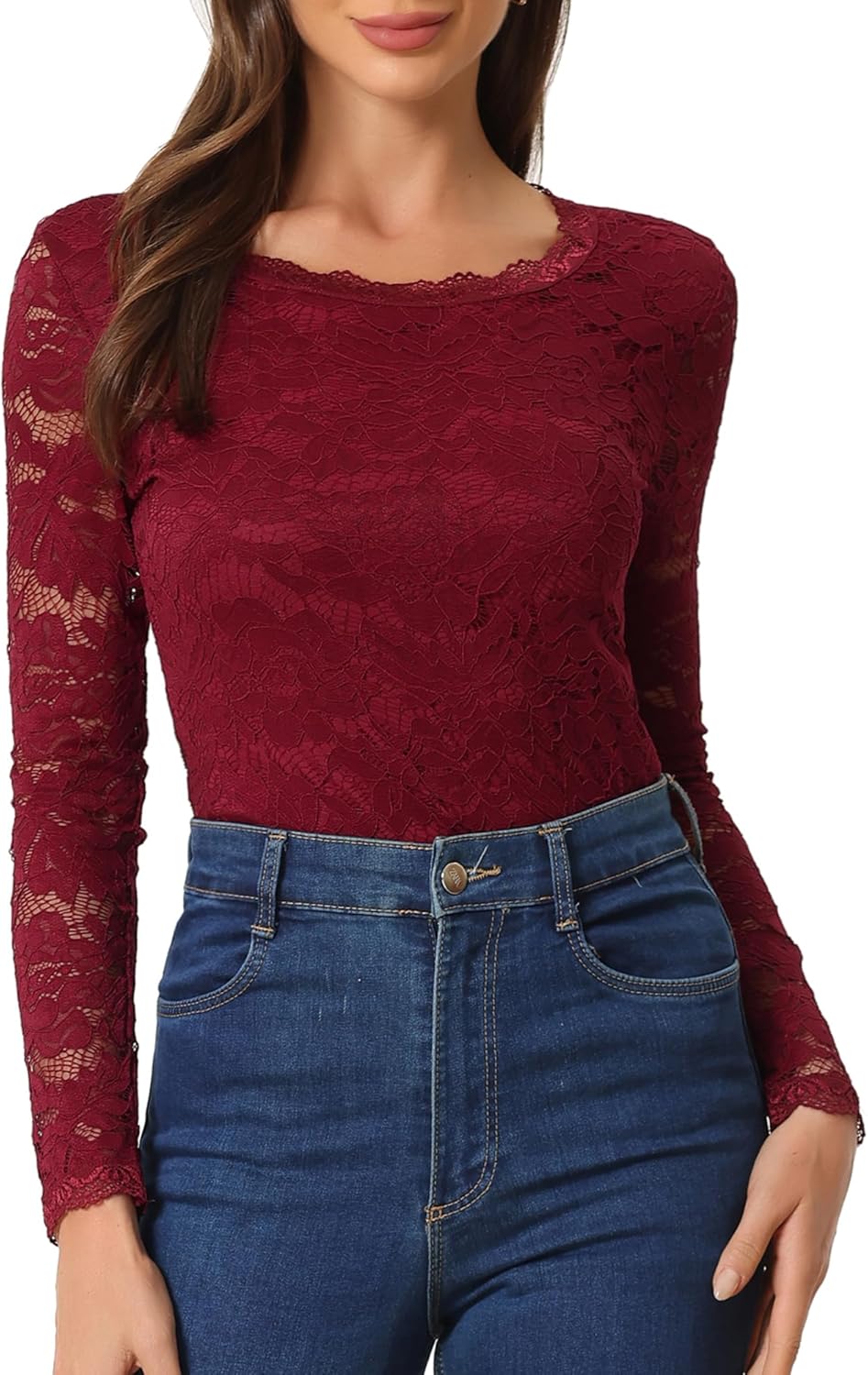 Allegra K Women's Lace Tops Sheer Dressy Casual Floral Lace Long Sleeve Tops Large Burgundy