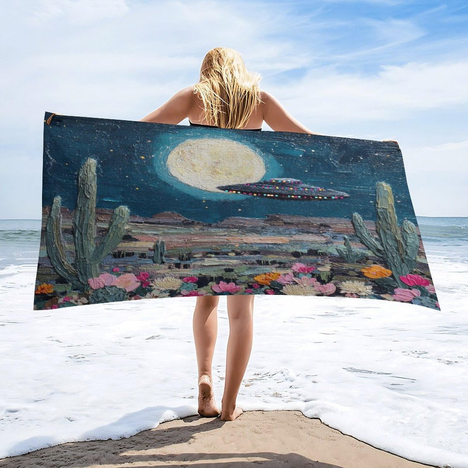 Luyysky Modern Fantasy Western Desert Absorbent Beach Towel, Retro Natural Full Moon Landscape Plant Cactus Flowers Ufo Outdoor Single-Sided Velvet Beach Towel-80 W Cm X 160" L Cm