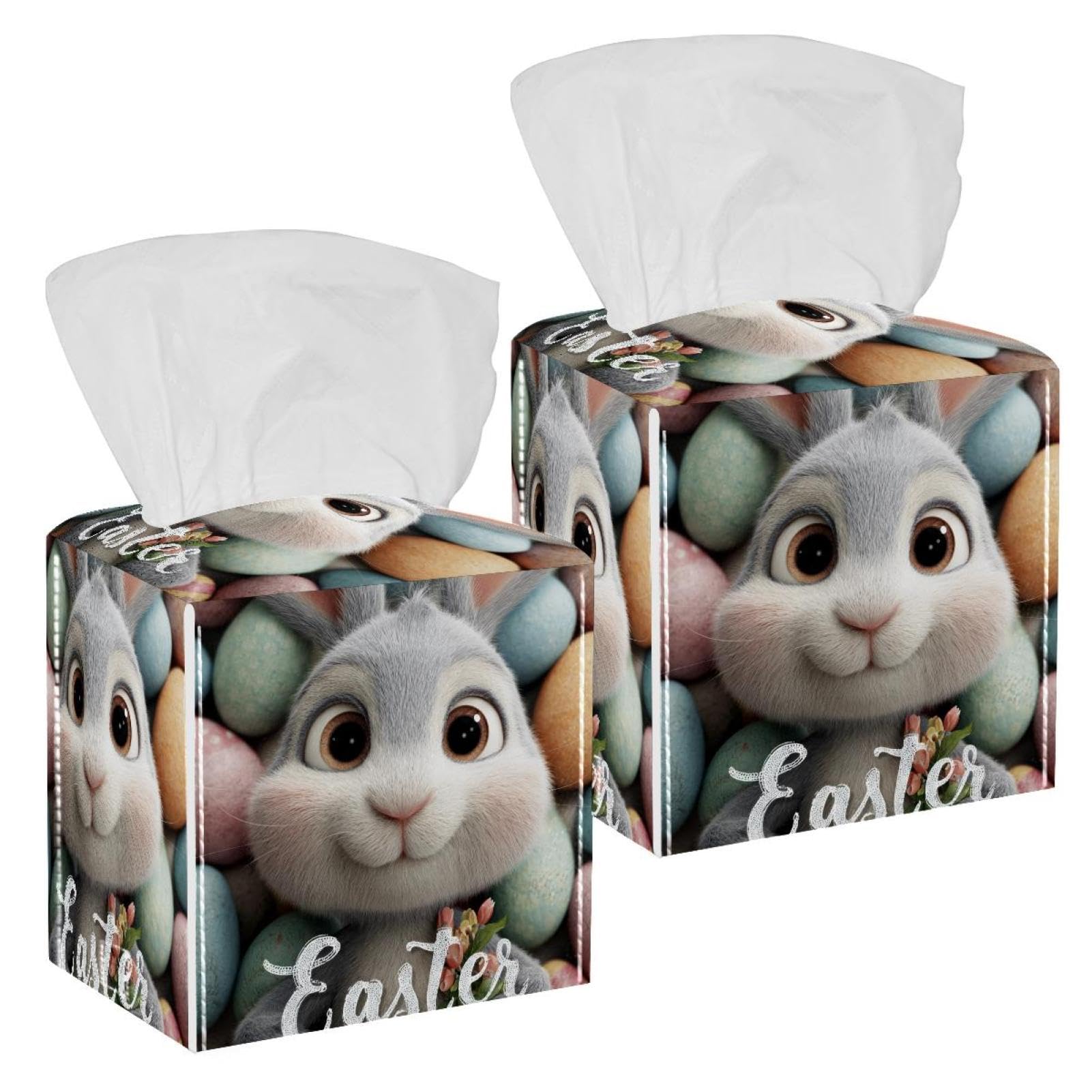 Easter Rabbit Tissue Box Cover, 2 Pack PU Leather Square Facial Tissue Dispenser Box holder for Home Office Car