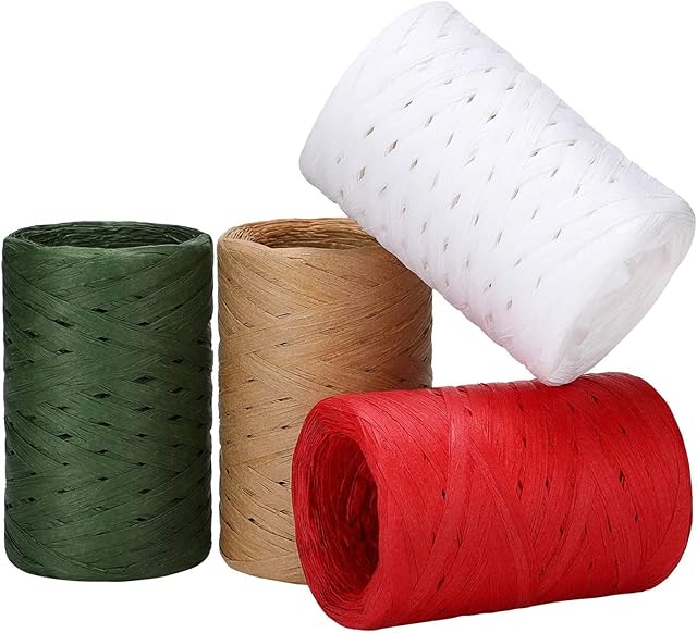 WAIZHIUA 4 Rolls Christmas Raffia Ribbon 600m Christmas Wrapping Matte Raffia Paper String Gift Packing Ribbon Raffia Twine for Gift Wrapping, DIY Craft, Xmas Decoration(150m x 4Colors