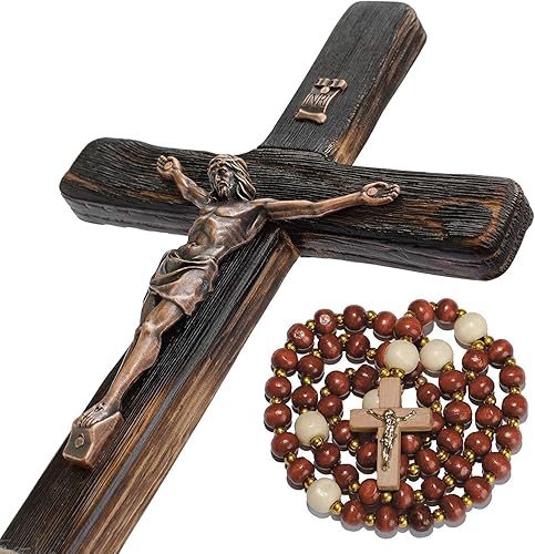 Rustic Crucifix Wall Cross - Handmade Wooden Catholic Crucifix Unique Charred Oak Technique - 12 Inch