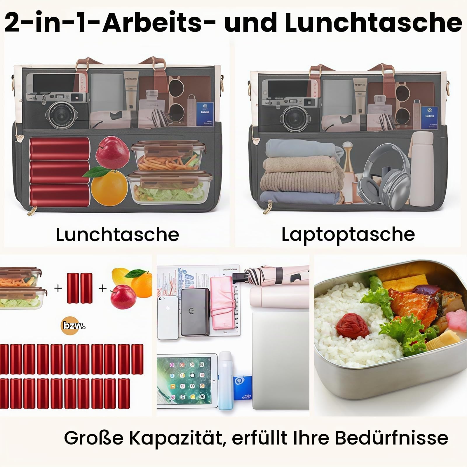 Kühltasche, Tote Bag für Damen mit Isoliertem Lunchfach, Lunchbox Arbeitstasche, 15,6 Zoll Laptop Tasche mit Becherhalter für Lehrer Büro College Alltag, Schwarz & Braun