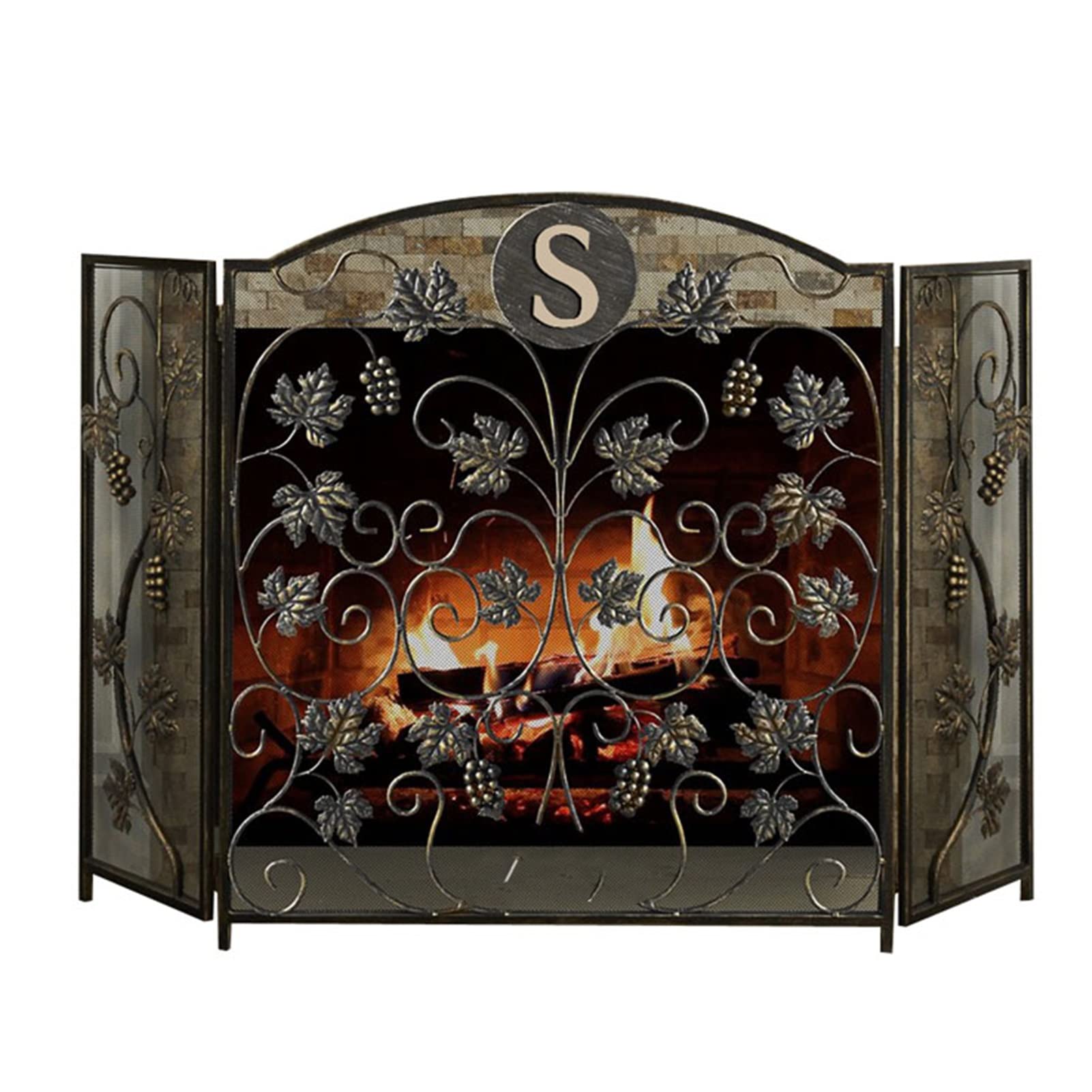 Fire Guard Verwitterte Antike Finish Funkenfänger Für Kamin, Kaminschirm Mit Blumendekor, Faltbare Kohleöfen Kaminschirme