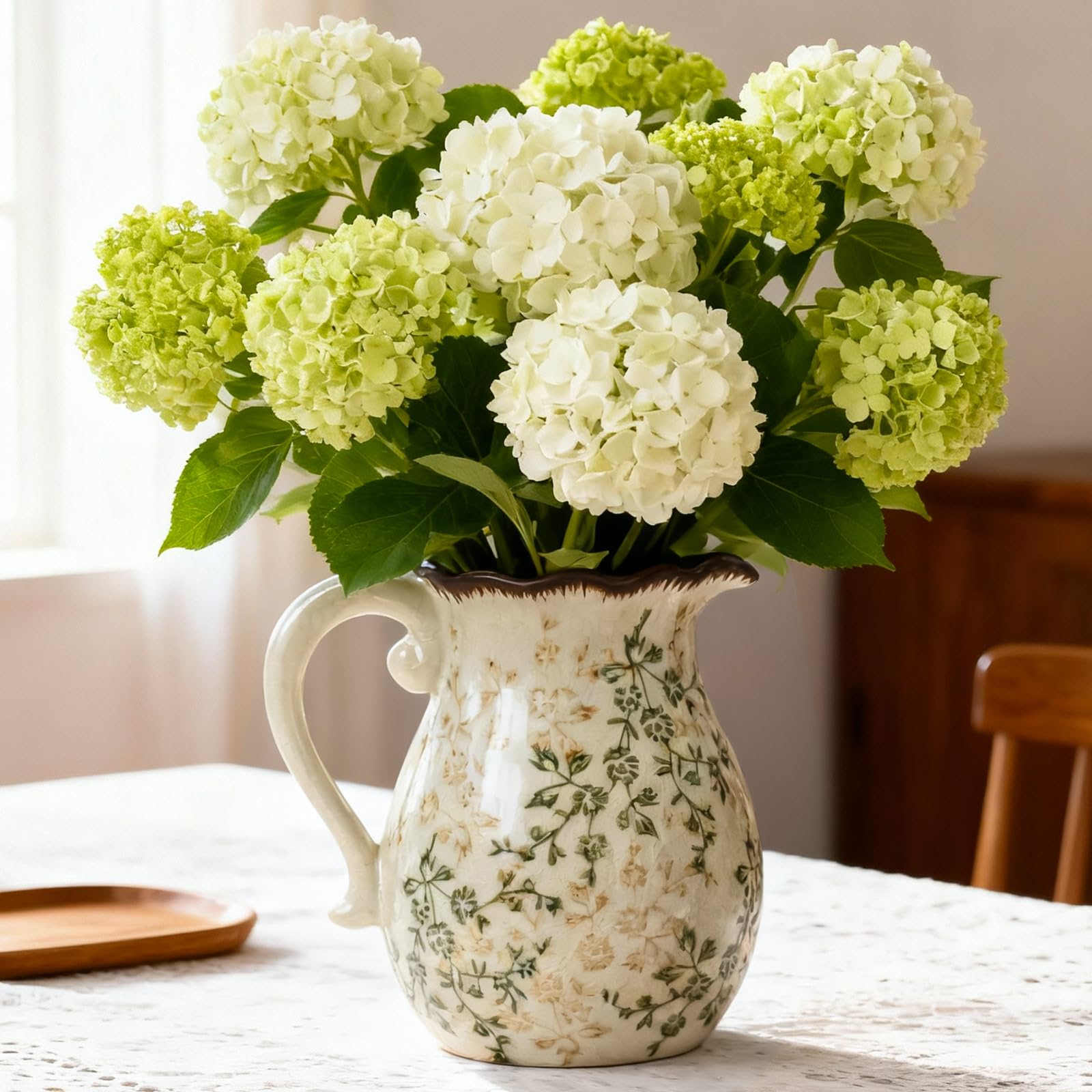 Green and Beige Vintage Vase with Handle, Ceramic Floral Pitcher Vase, Farmhouse Decorative Large Vases for Bouquet, Home Décor, Kitchen, French Country, Chinoiserie, Tuscan Decor, 8.3 Inch