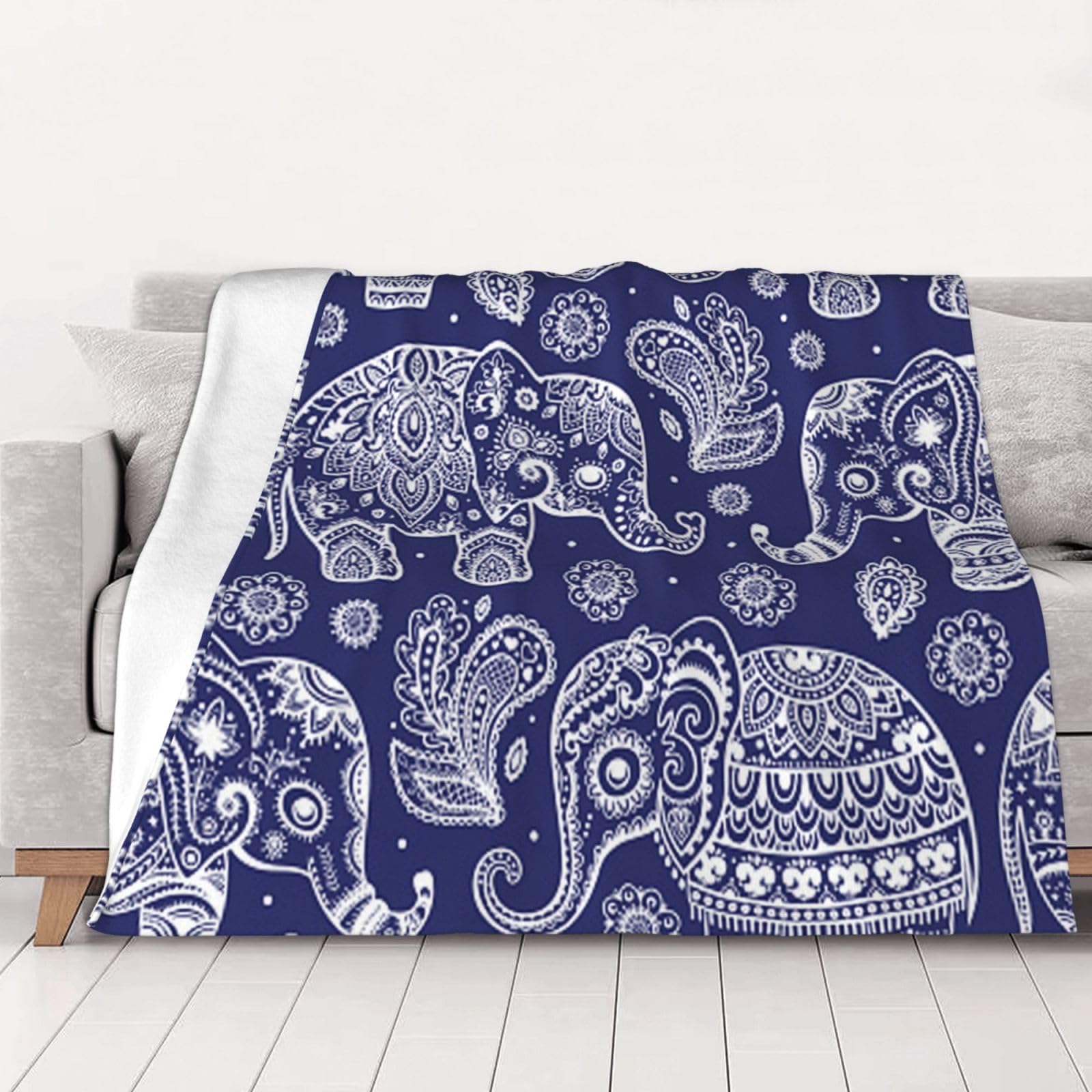 AUBKFELD Boho Elephant Printed Flannel Blanket 150x125 CM, Soft & Warm Throw Blanket for Sofa/Couch/Bed/Car, Gifts for Audlts Women Men