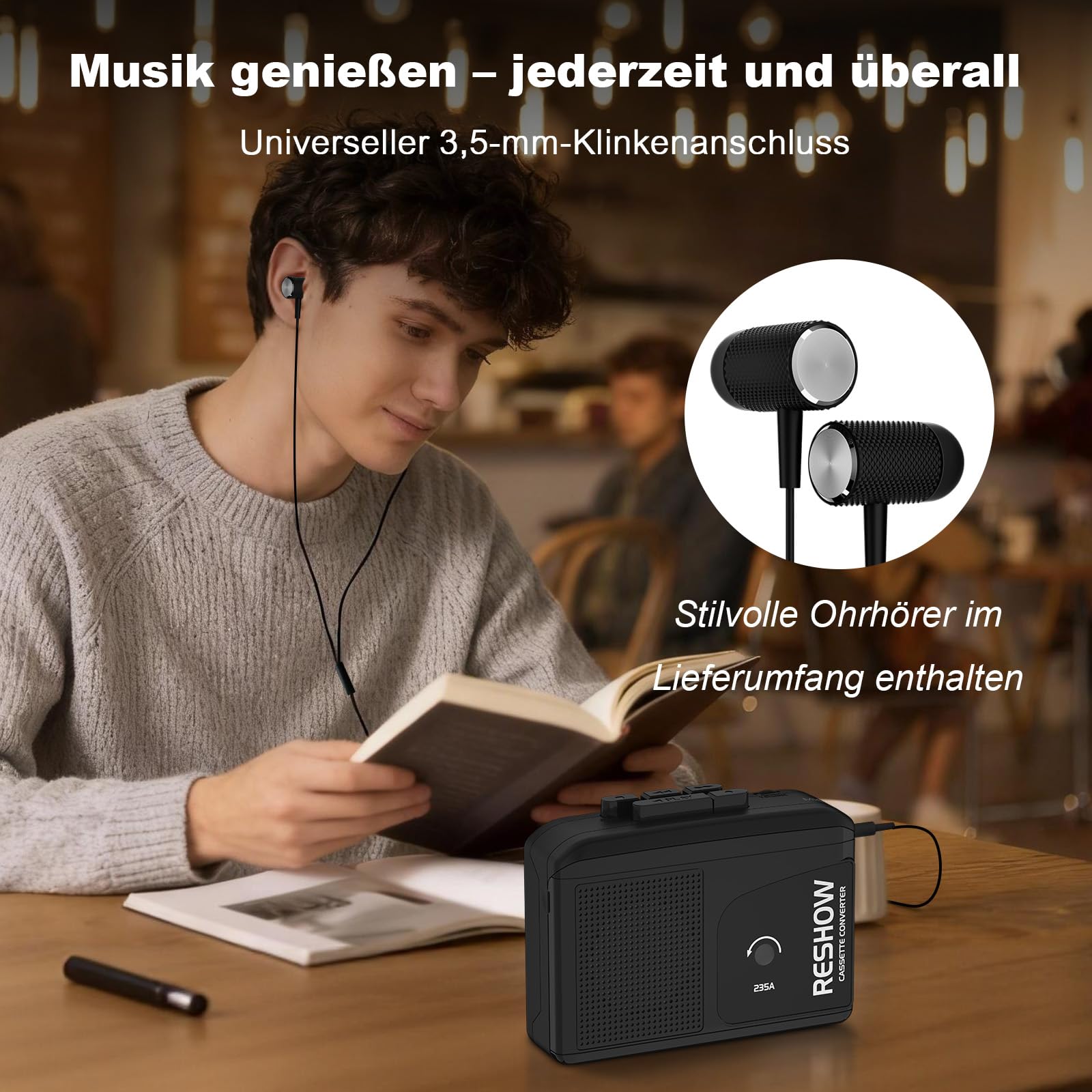 Reshow Registratore a cassette portatile con microfono integrato e altoparlante convertitore USB MP3 nero