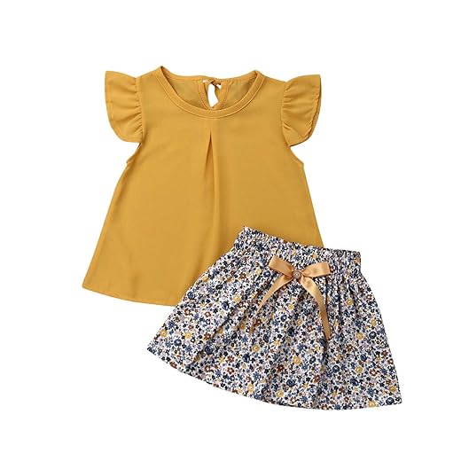 Conjunto de roupas infantis de verão para meninas, cor lisa, manga com babados e saia com estampa floral
