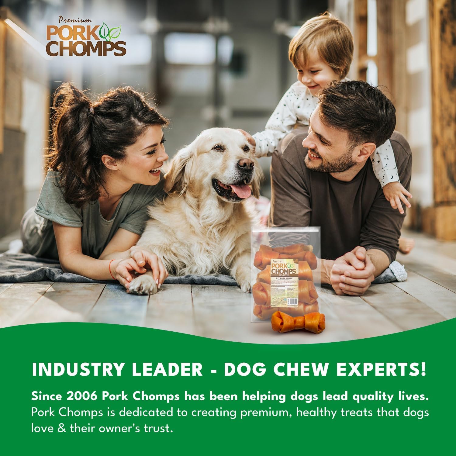 Pork Chomps Roasted Pork Skin Dog Chews, 6-inch Knots, 6 Count
