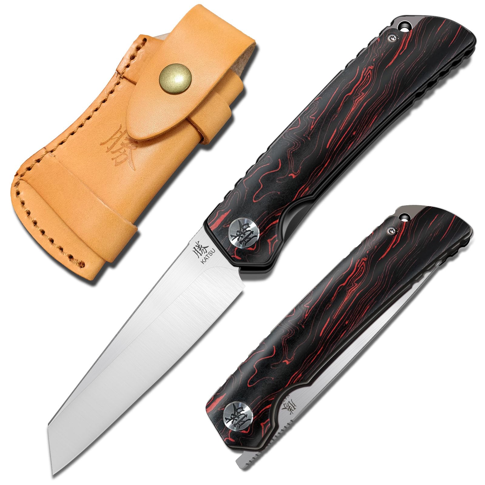 KATSUFolding Pocket Knife for Men,pocket knofe 3.5'' D2 Steel Blade G10 Handle Pocket knives with Leather Sheath,Work knife for men Hiking Camping Liner Lock Japanese Style