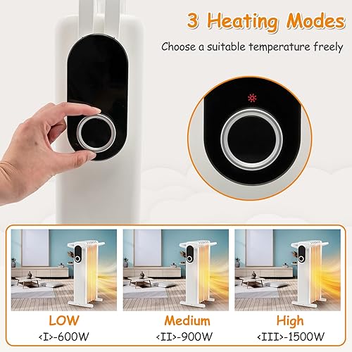 Miniatura 6 de Tangkula Calentador de radiador lleno de aceite de 1500 W, calentador eléctrico portátil con 3 ajustes de calor, doble protección contra