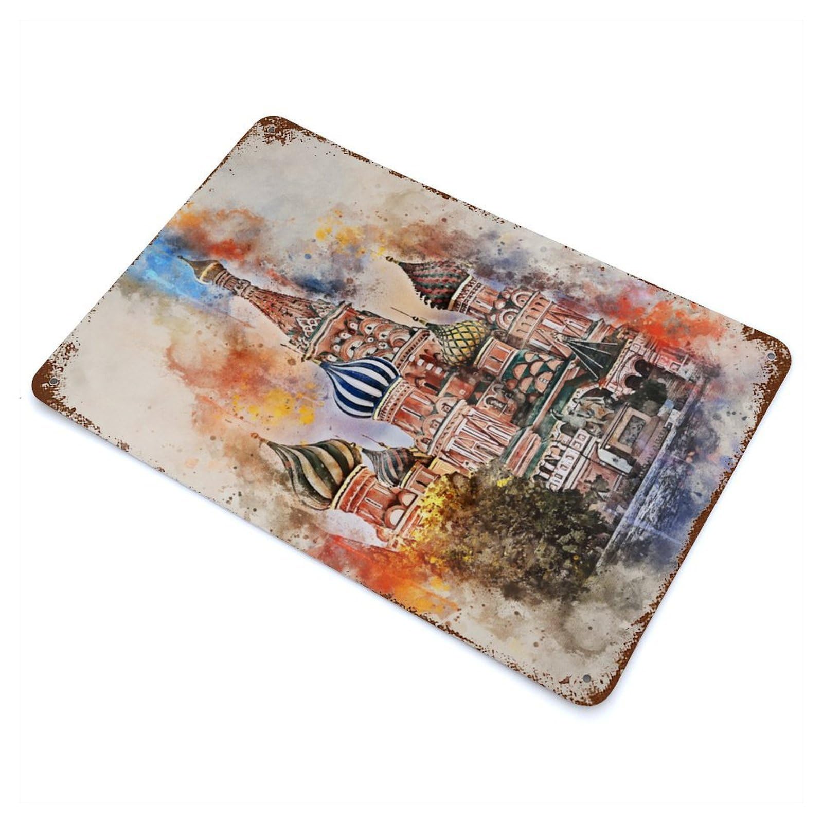 Moscow in Watercolor Rustic Tin Plaque 11.8"x7.9", Ideal for Shed, Workshop And Garage Wall Decor