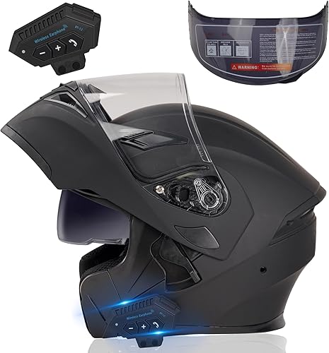 Casco de Motocicleta Bluetooth, Casco de Motocicleta Modular con Bluetooth, Aprobado por DOT Doble Visera Cara Completa Abatible Cascos de